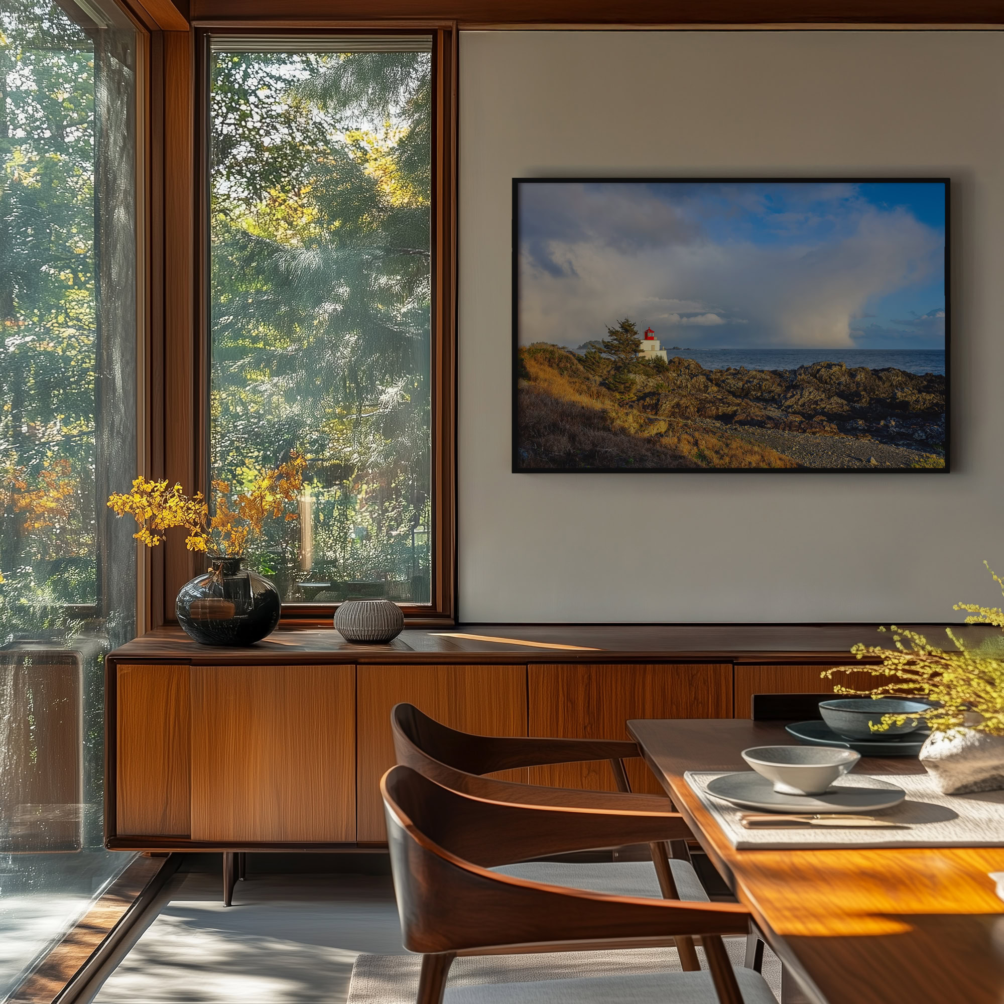 Amphitrite Point Lighthouse Storm Clouds print shown on the wall in a dining room.