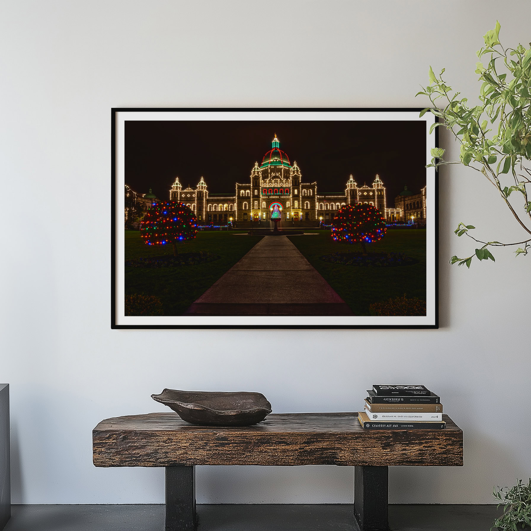 BC Parliament Christmas Lights print shown on the wall in an entryway.