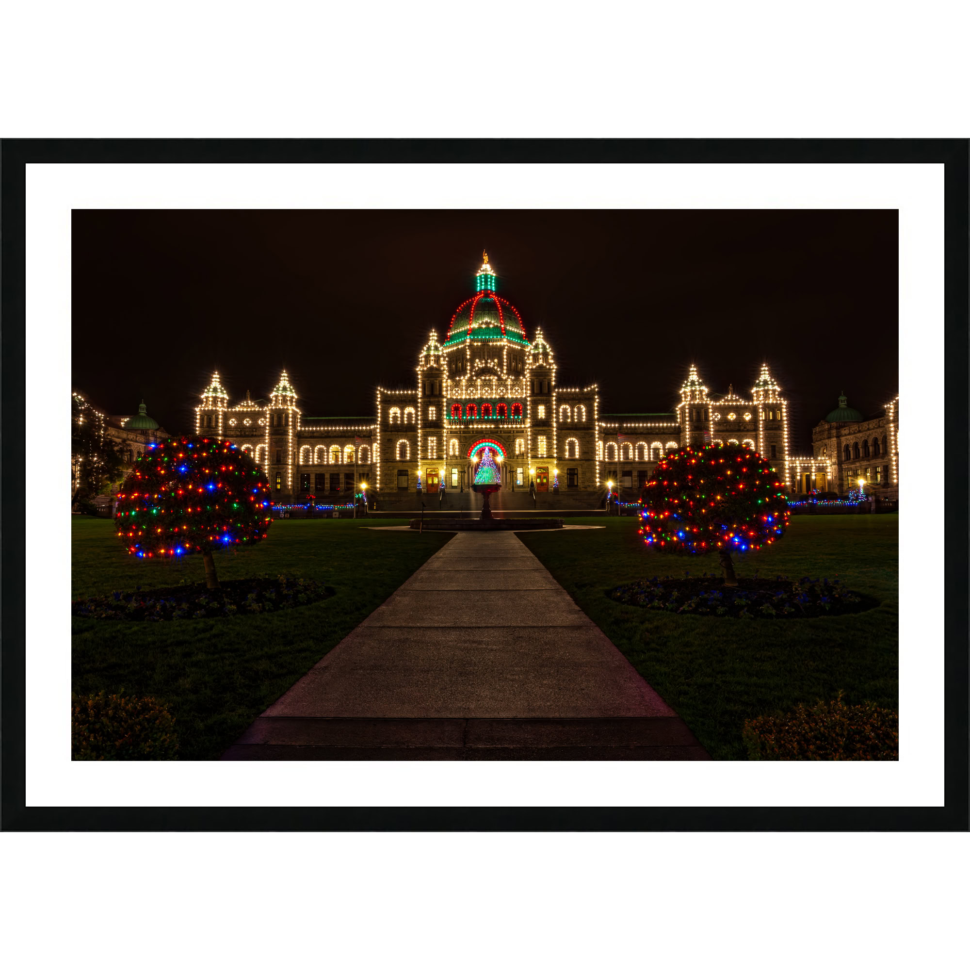 BC Parliament Christmas Lights as a framed print.