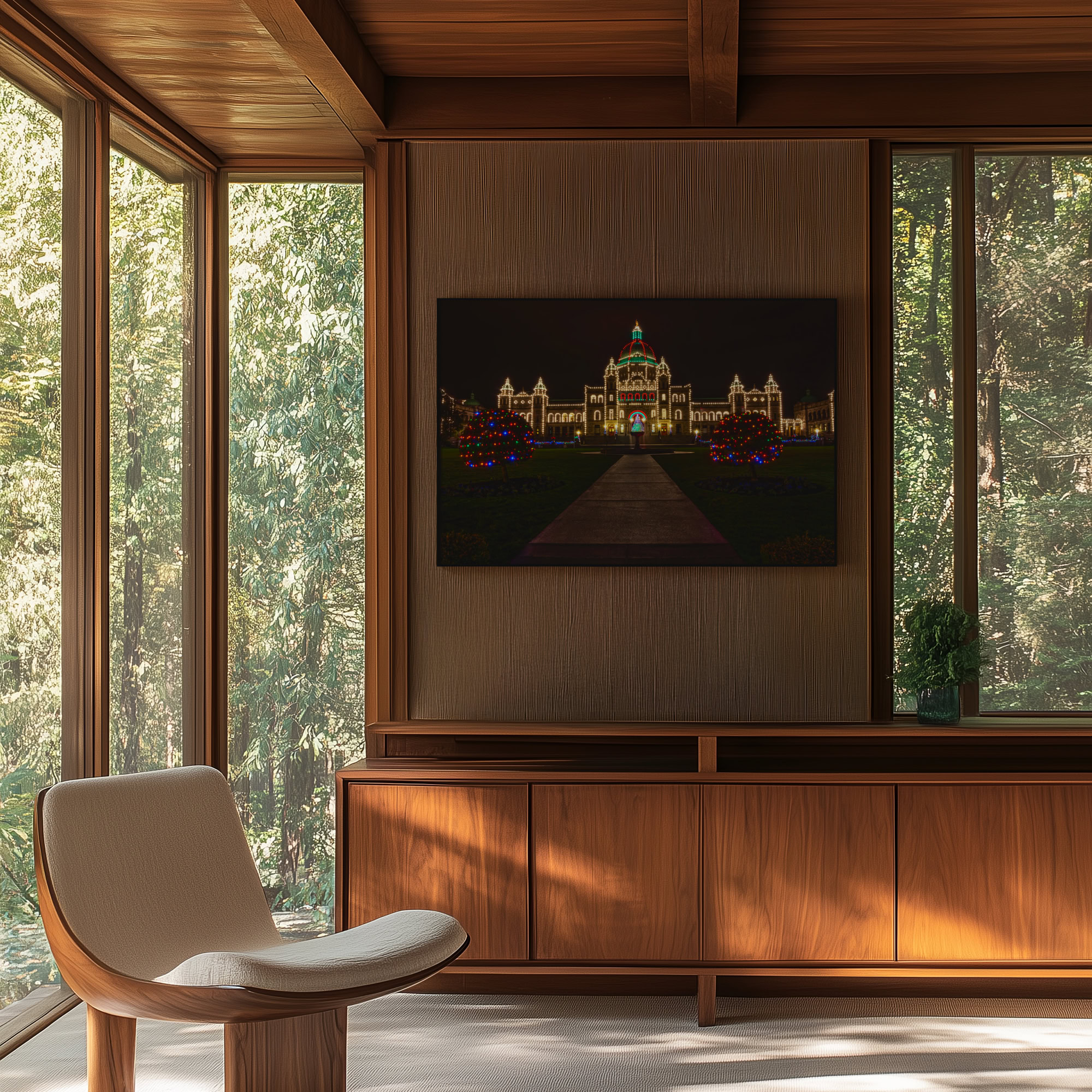 BC Parliament Christmas Lights print shown on the wall in a living room.