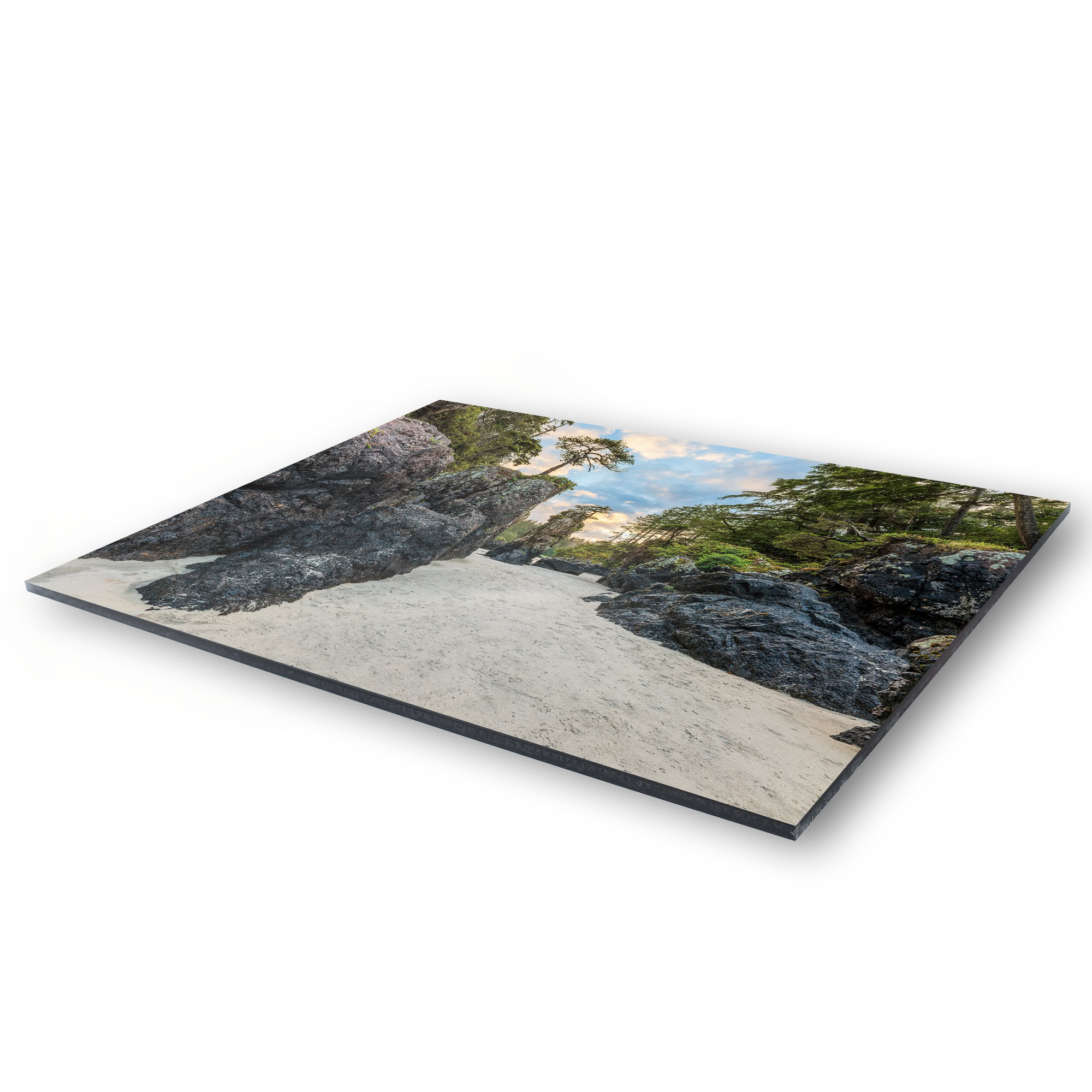 Between the Sea Stacks at San Josef Bay as a acrylic print.