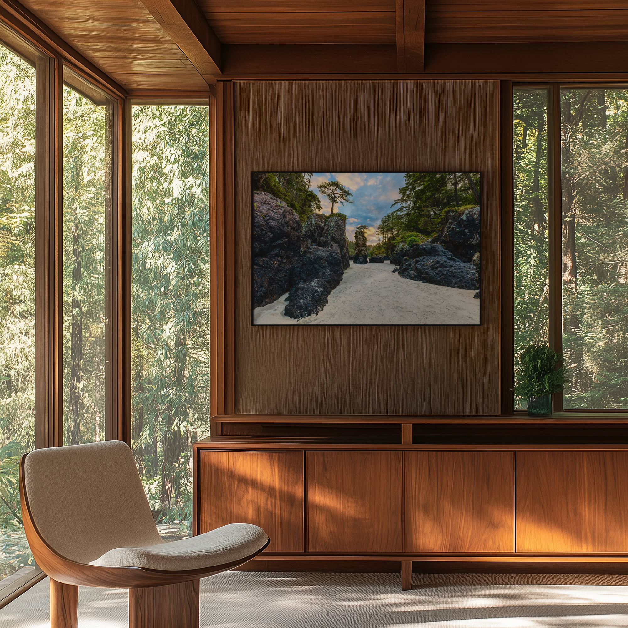 Between the Sea Stacks at San Josef Bay print shown on the wall in a living room.