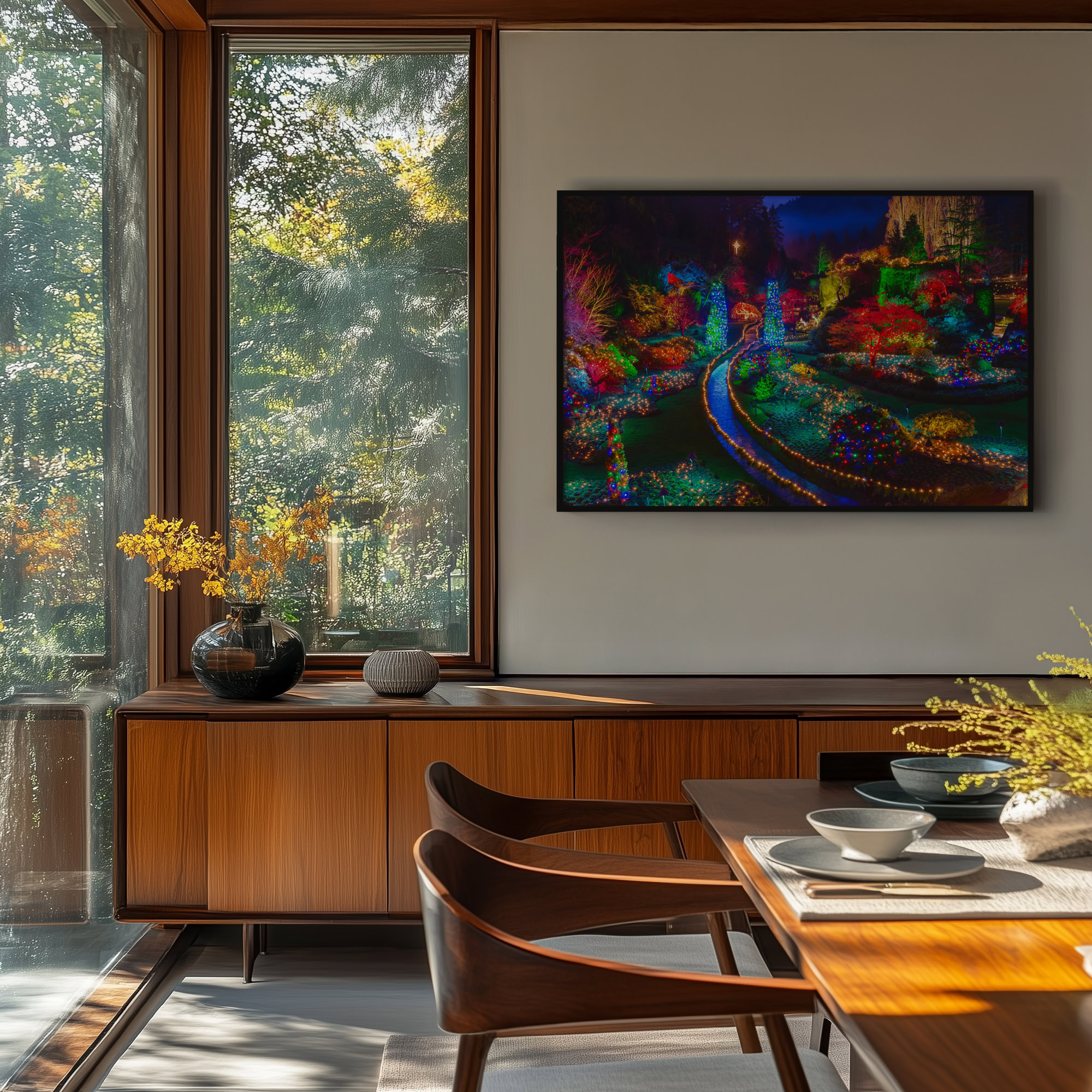 Butchart Gardens Christmas Lights print shown on the wall in a dining room.