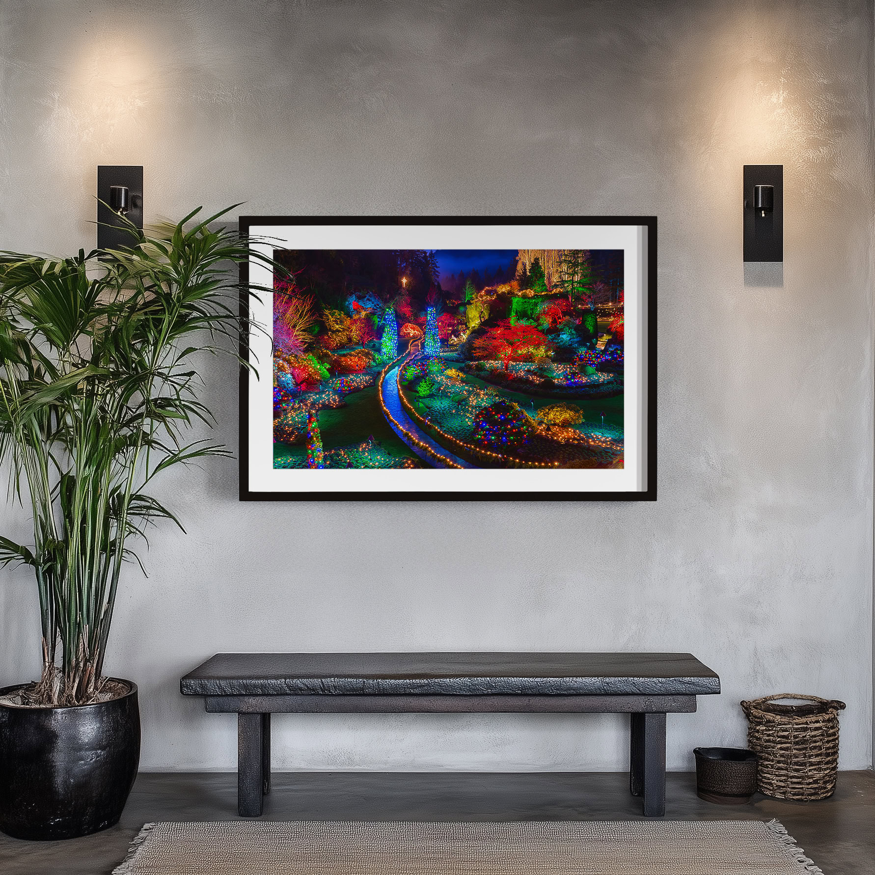 Butchart Gardens Christmas Lights print shown on the wall in an entryway.