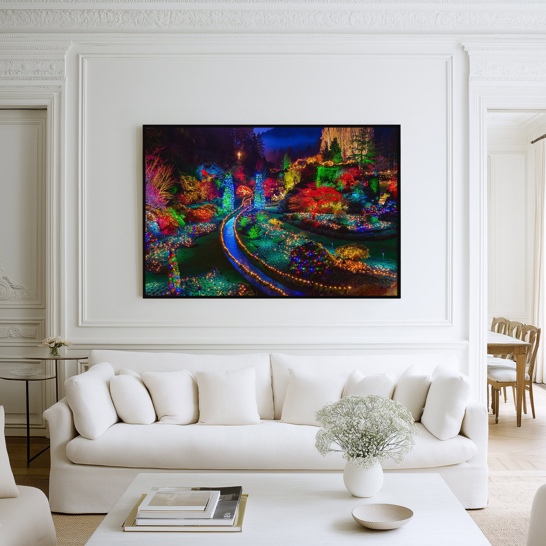 Butchart Gardens Christmas Lights print shown on the wall in a living room.