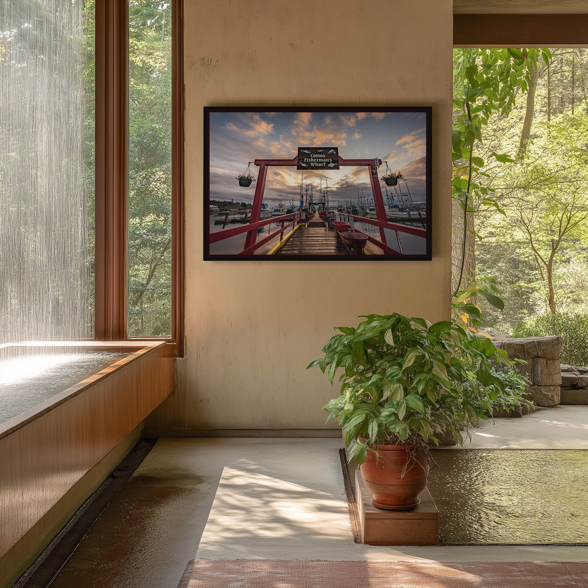 Comox Fisherman's Wharf After the Rain print shown on the wall in an entryway.