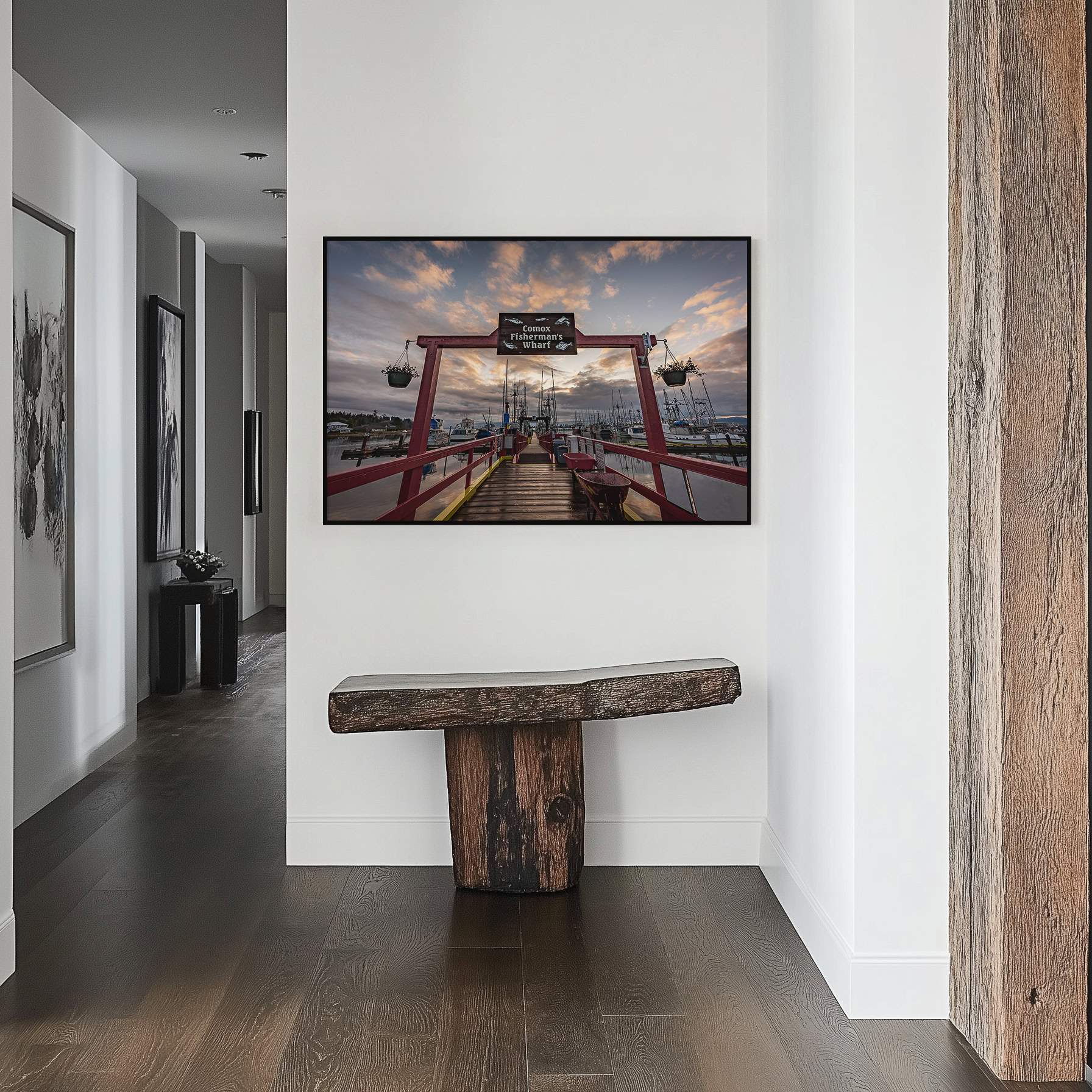 Comox Fisherman's Wharf After the Rain print shown on the wall in a styled room.