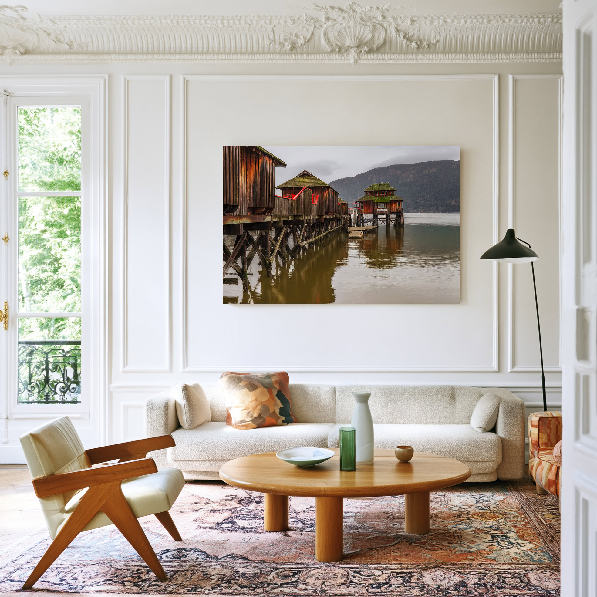 Cowichan Bay Maritime Centre print shown on the wall in a living room.