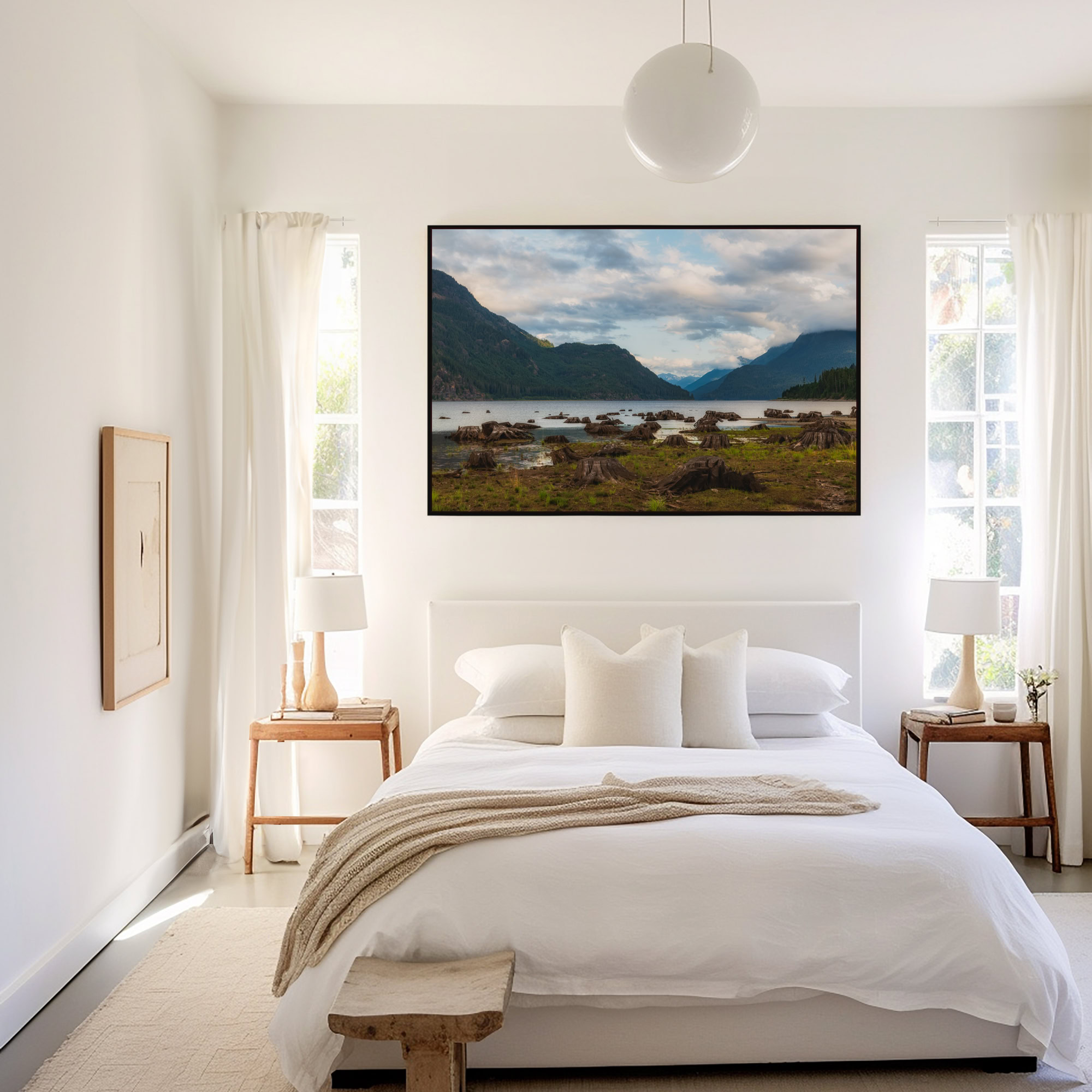 Drowned Forest of Buttle Lake print shown on the wall in a bedroom.