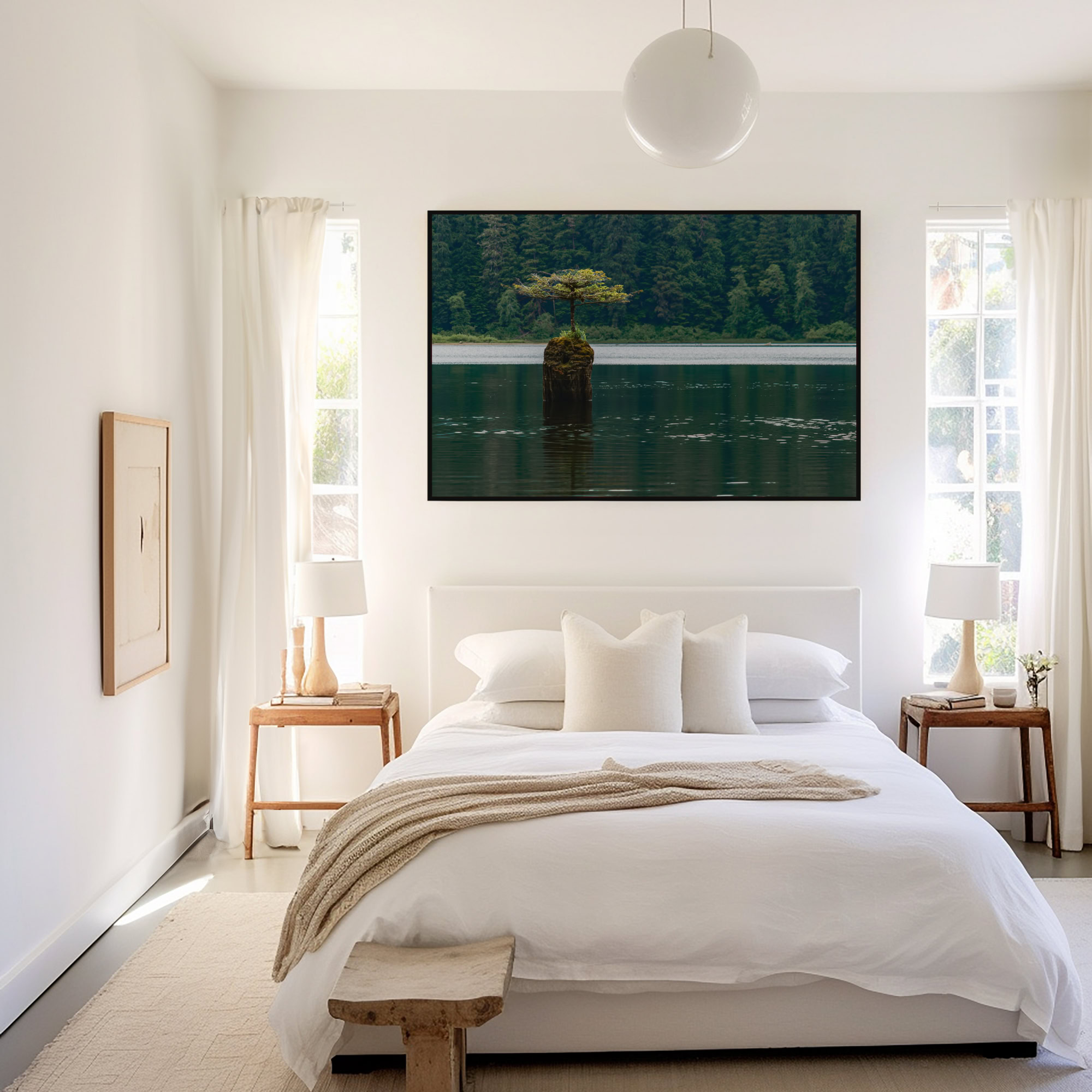 Fairy Lake Bonsai Tree print shown on the wall in a bedroom.