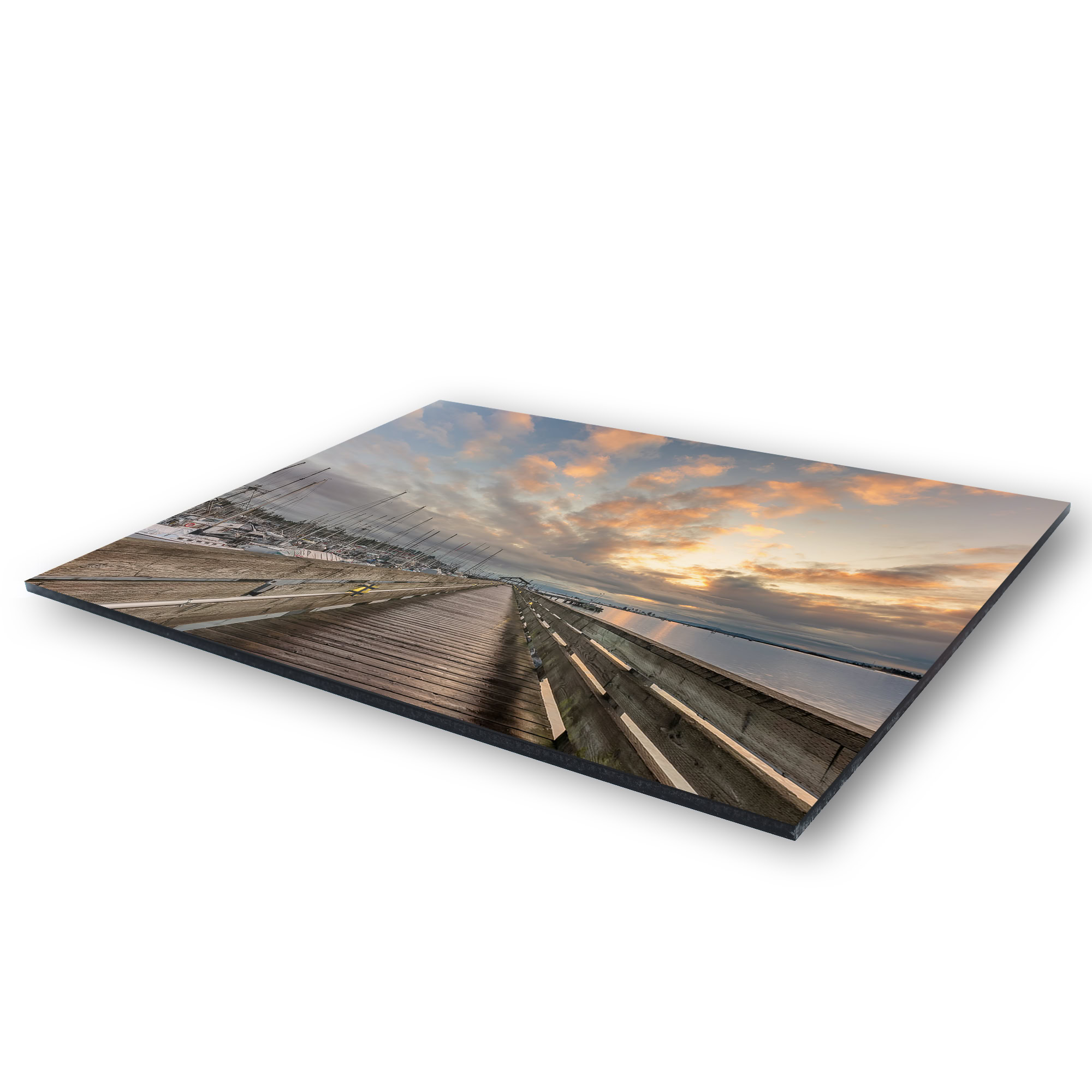 Fisherman's Wharf Boardwalk at Sunrise as a acrylic print.
