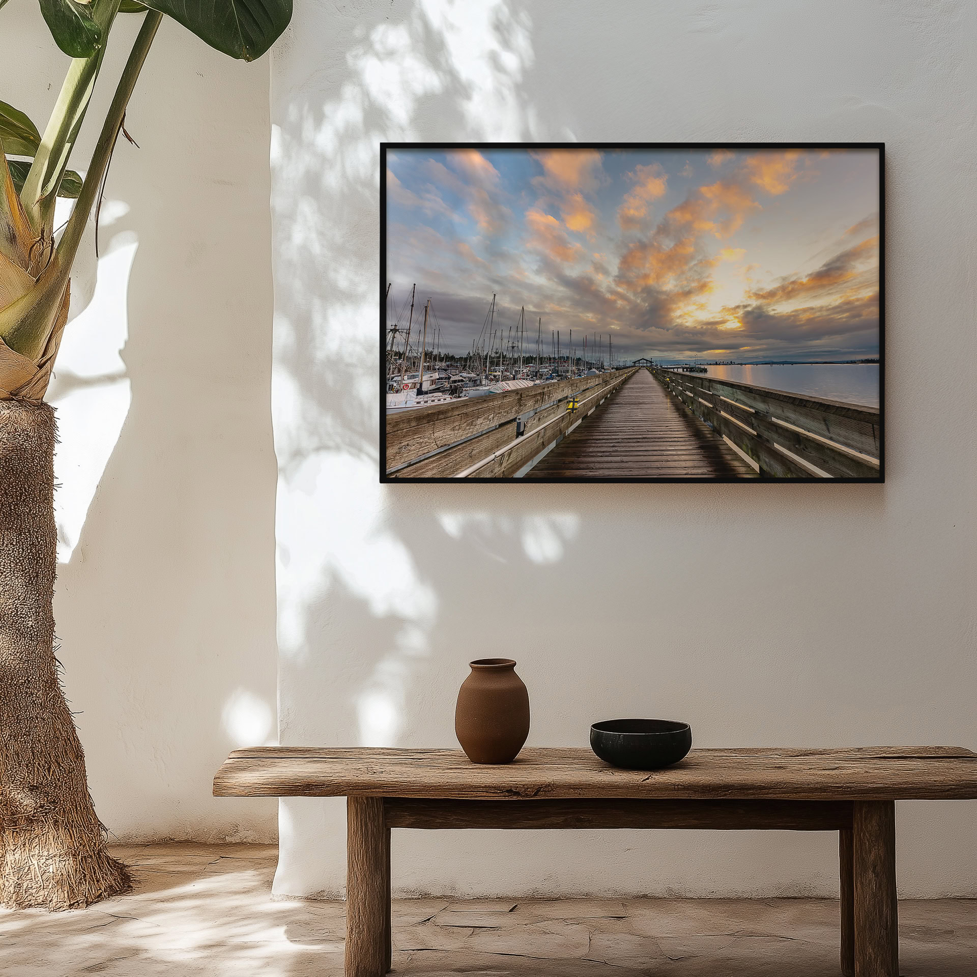 Fisherman's Wharf Boardwalk at Sunrise print shown on the wall in an entryway.