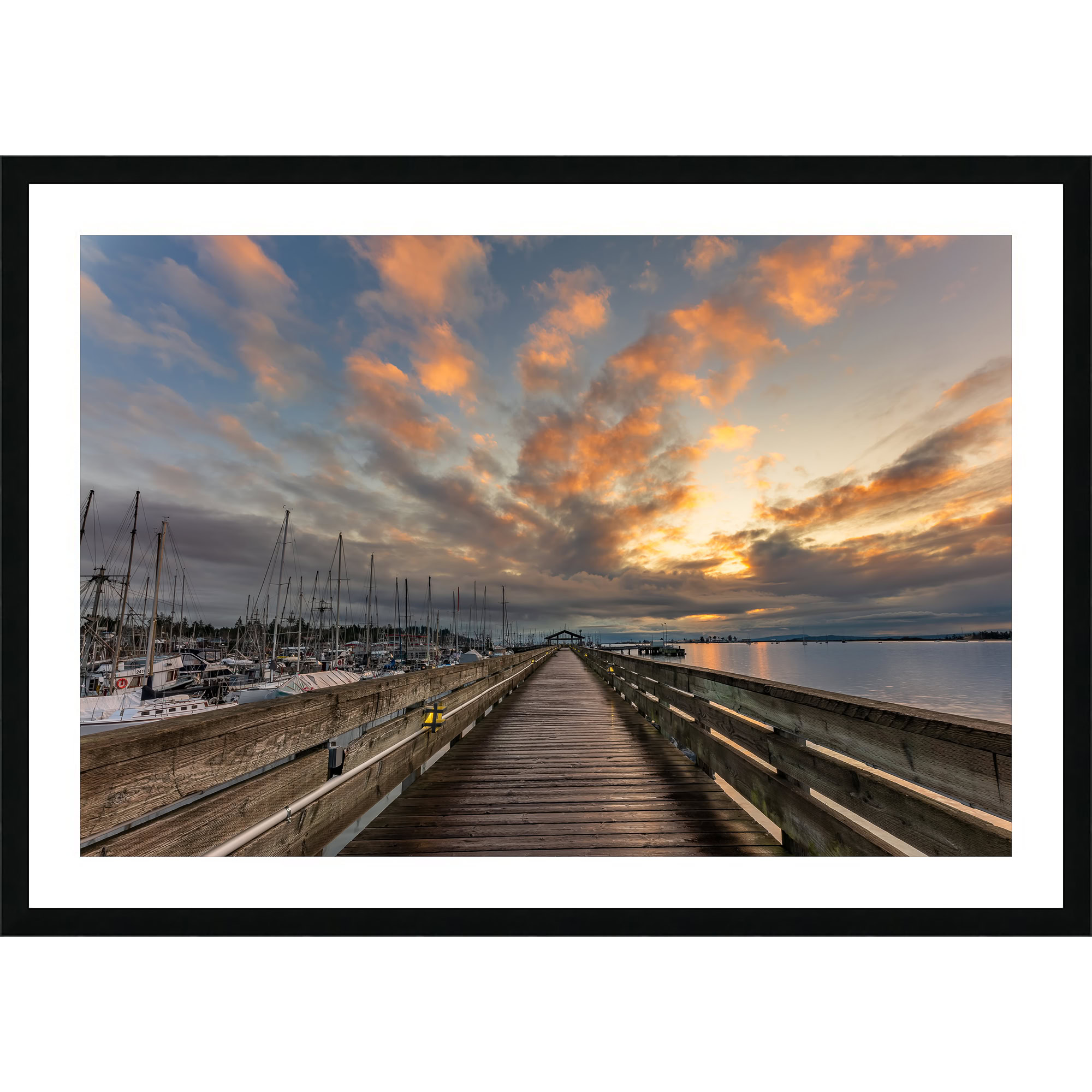 Fisherman's Wharf Boardwalk at Sunrise as a framed print.