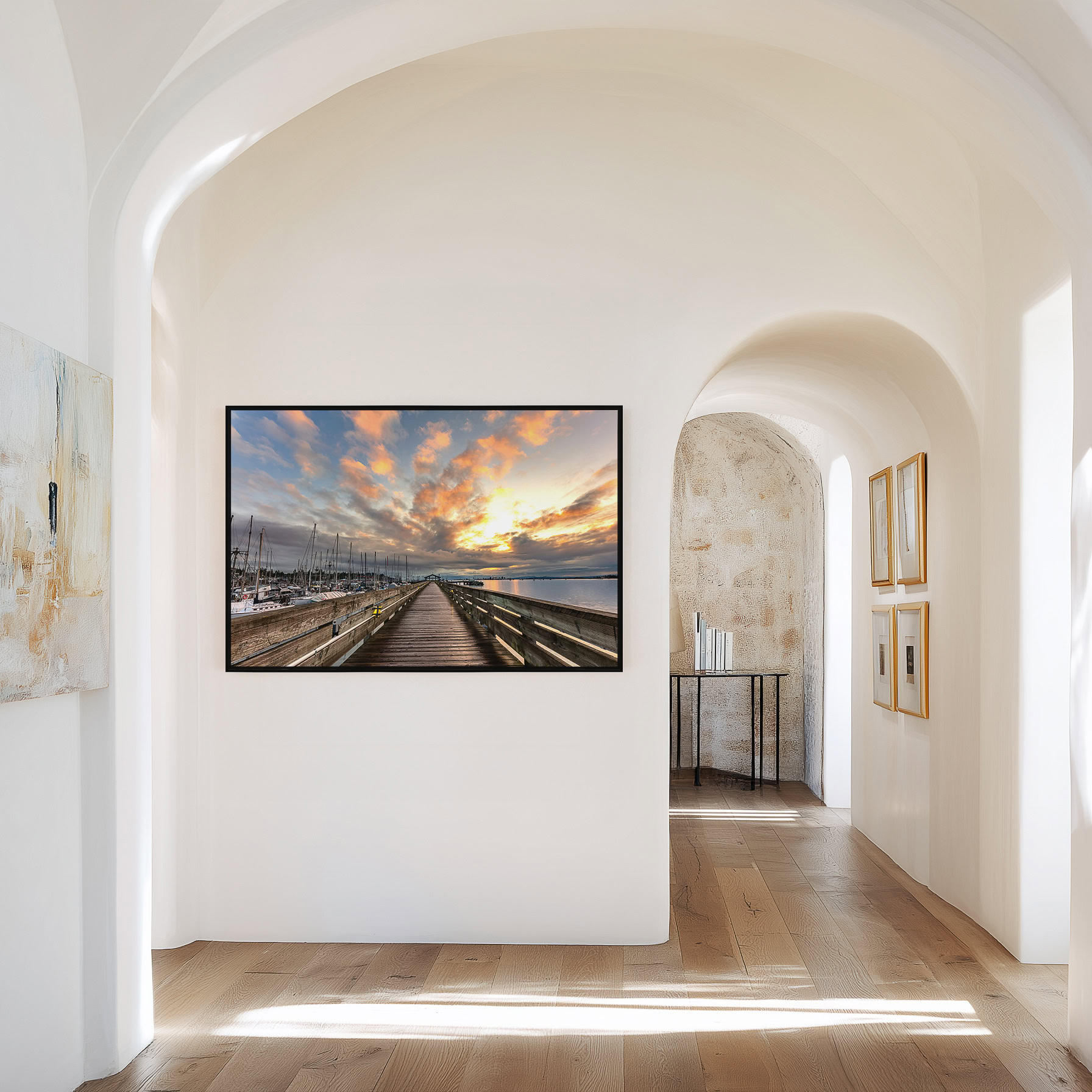 Fisherman's Wharf Boardwalk at Sunrise print shown on the wall in a styled room.