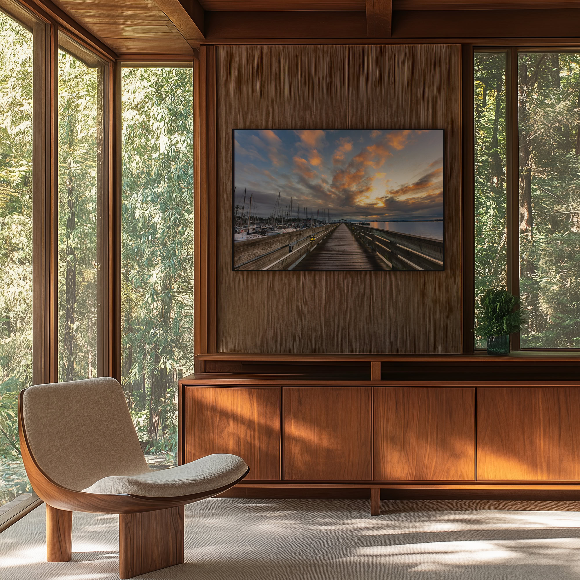 Fisherman's Wharf Boardwalk at Sunrise print shown on the wall in a living room.