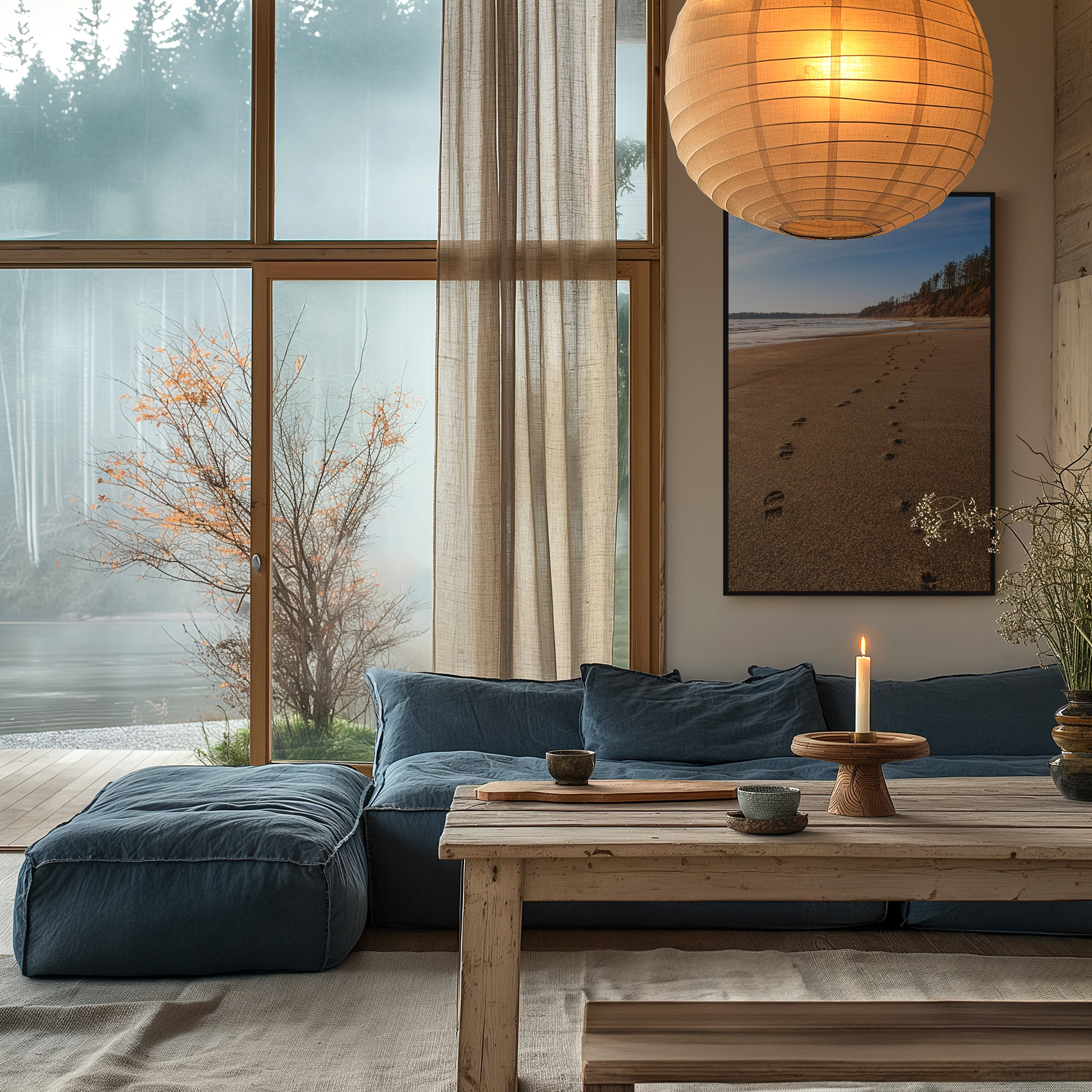 Florencia Bay After the Tide print shown on the wall in a living room.