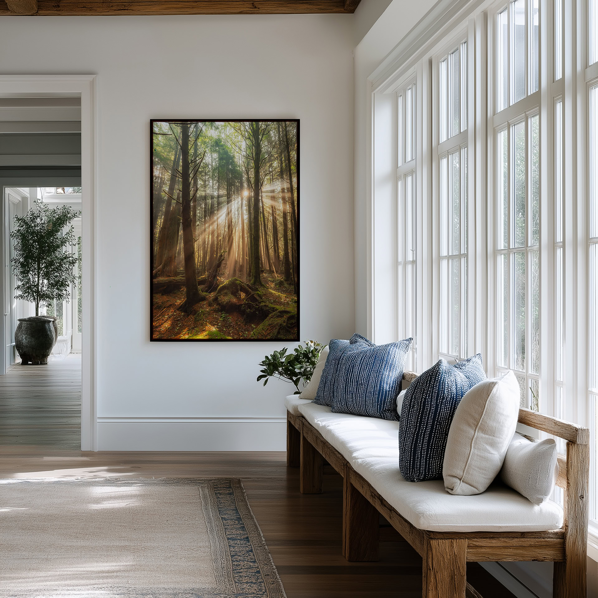 Foggy Tofino Forest at First Light print shown on the wall in an entryway.