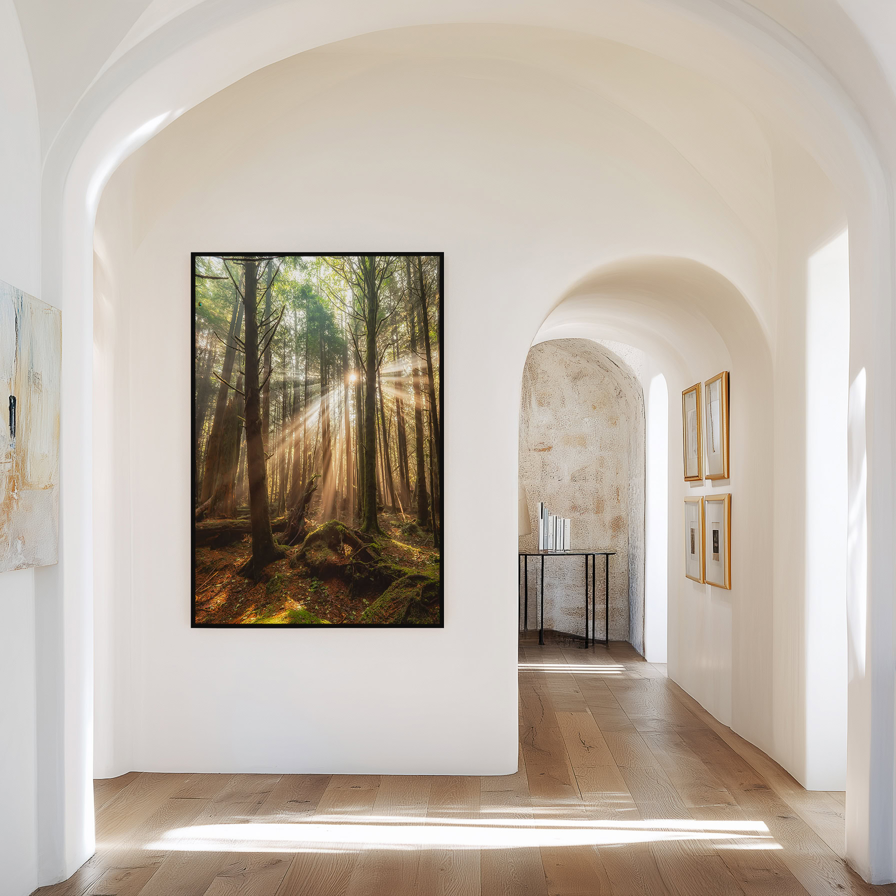 Foggy Tofino Forest at First Light print shown on the wall in a styled room.