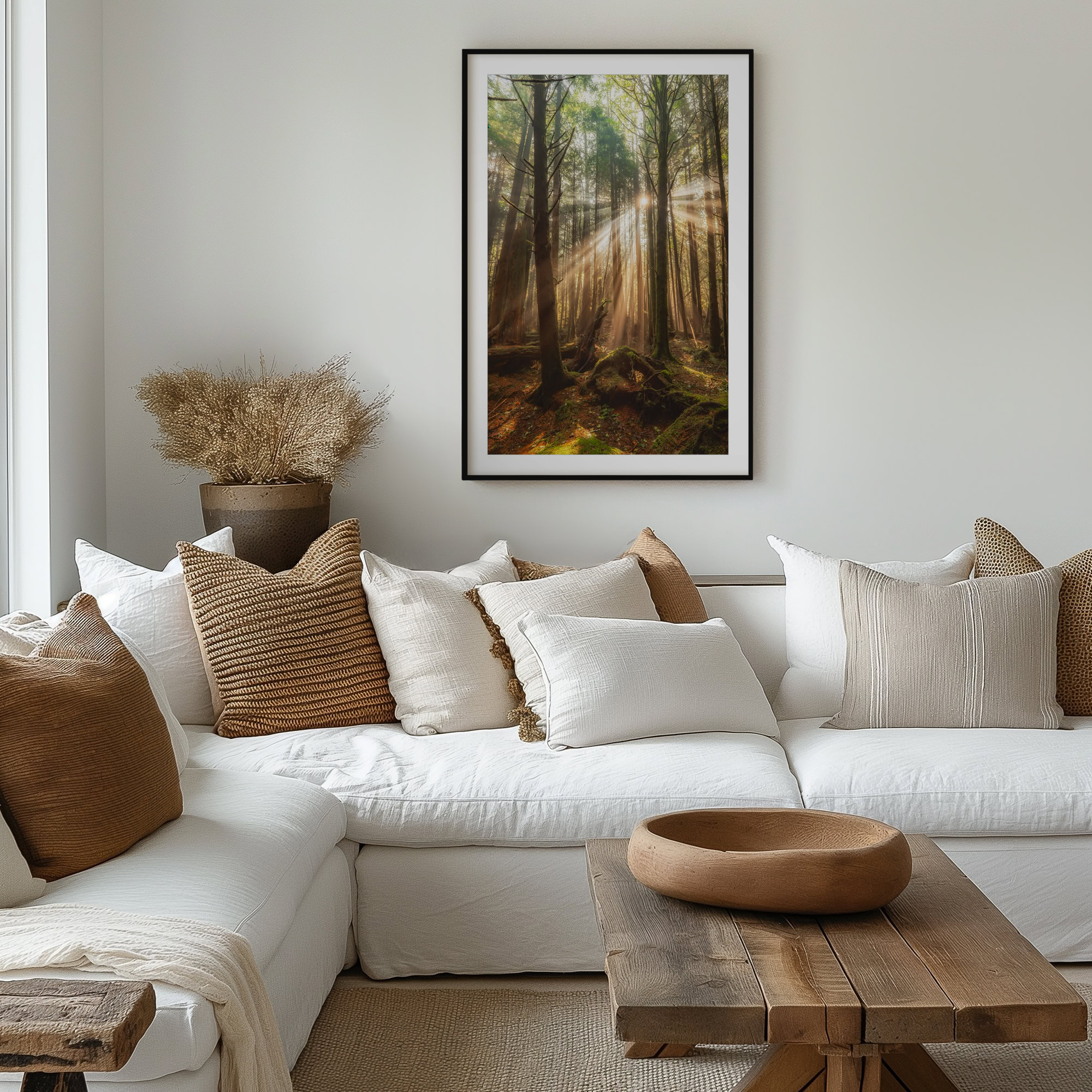 Foggy Tofino Forest at First Light print shown on the wall in a living room.