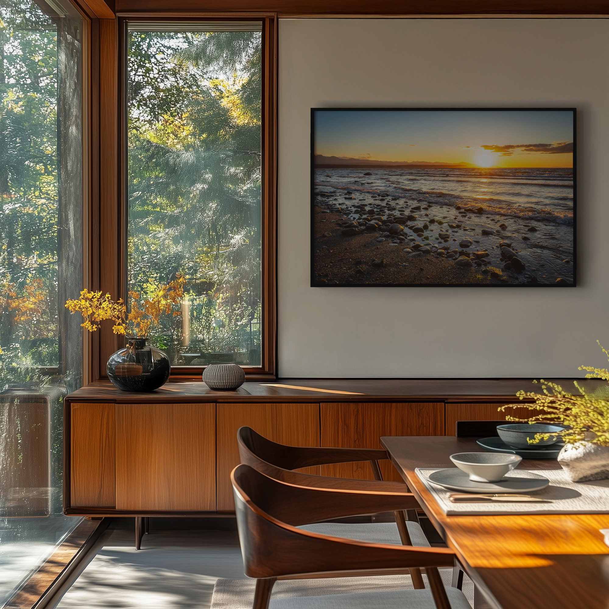 Fossil Beach Sun Over Vancouver Island print shown on the wall in a dining room.