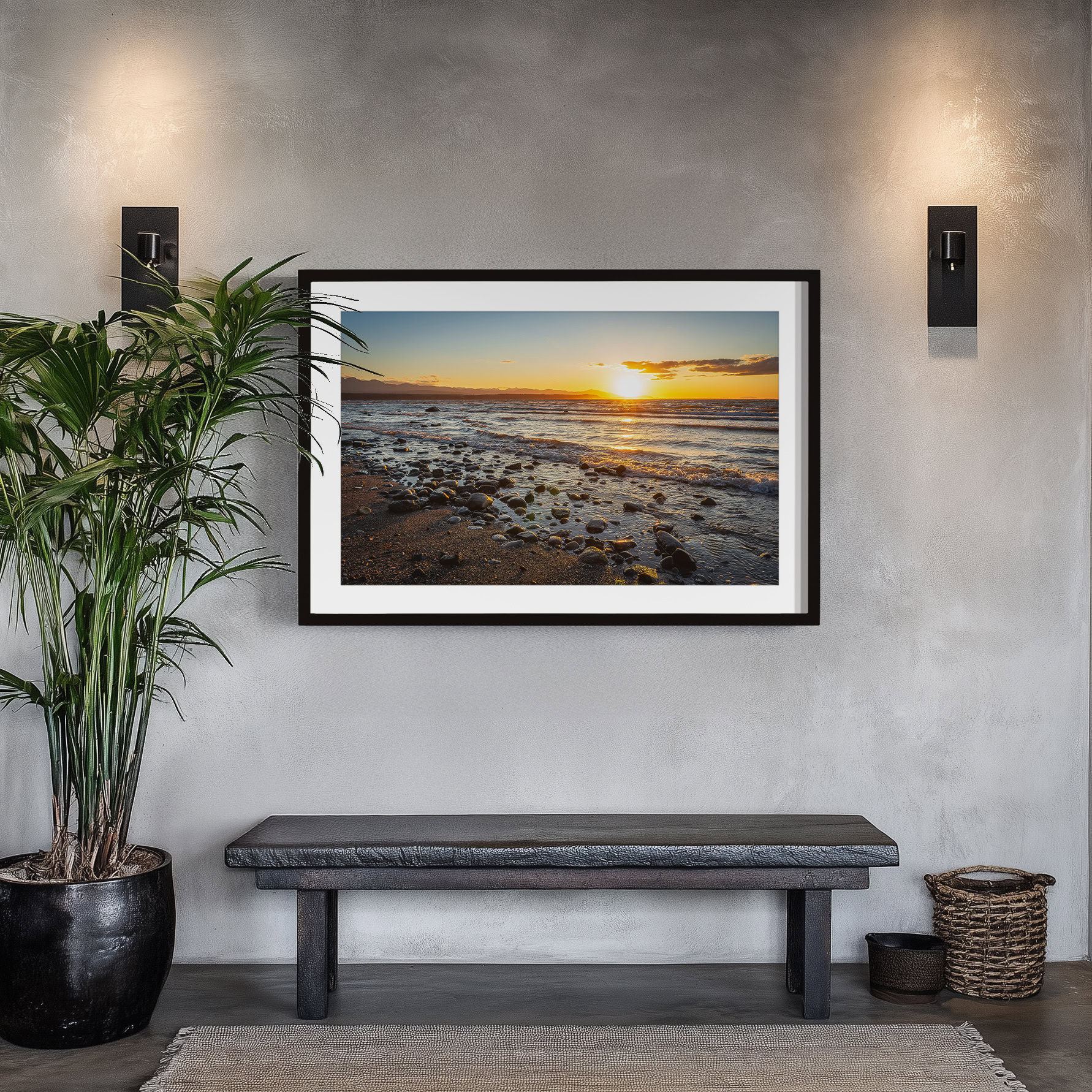 Fossil Beach Sun Over Vancouver Island print shown on the wall in an entryway.