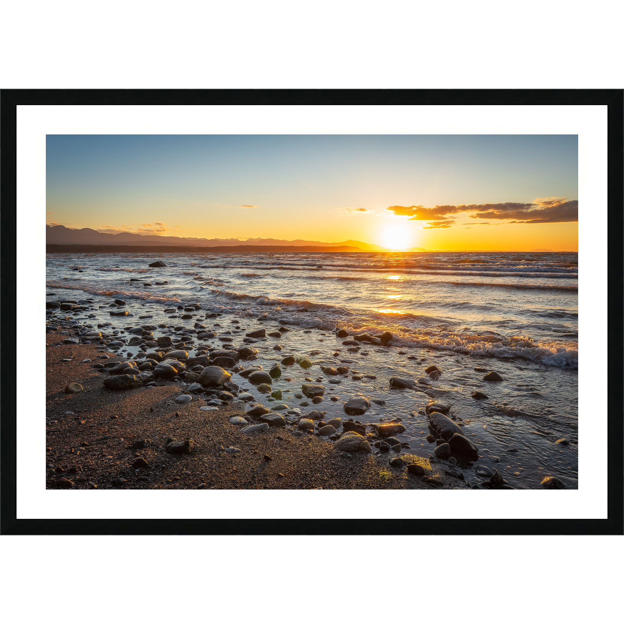Fossil Beach Sun Over Vancouver Island as a framed print.