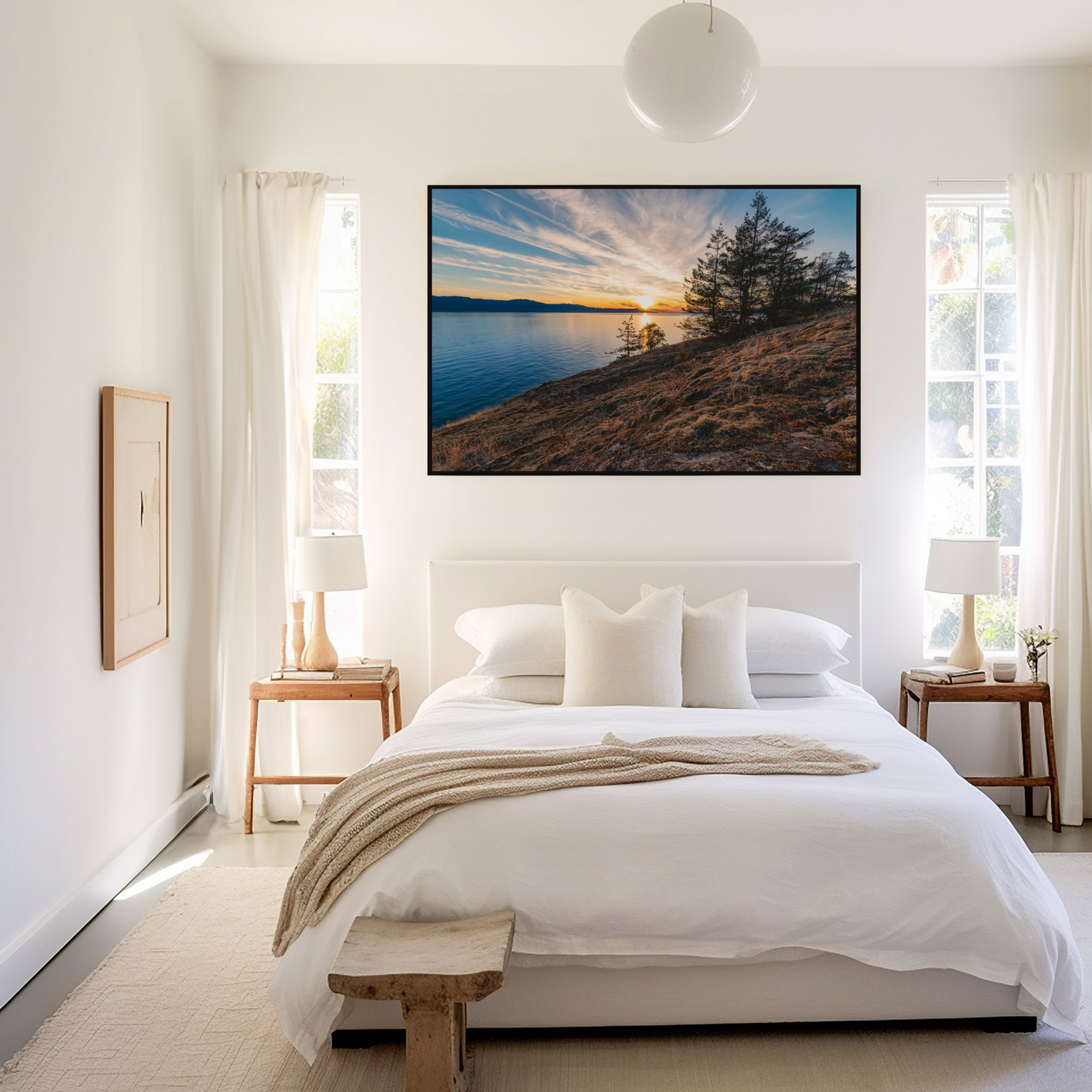 Francis Point Sunset Over Texada Island print shown on the wall in a bedroom.