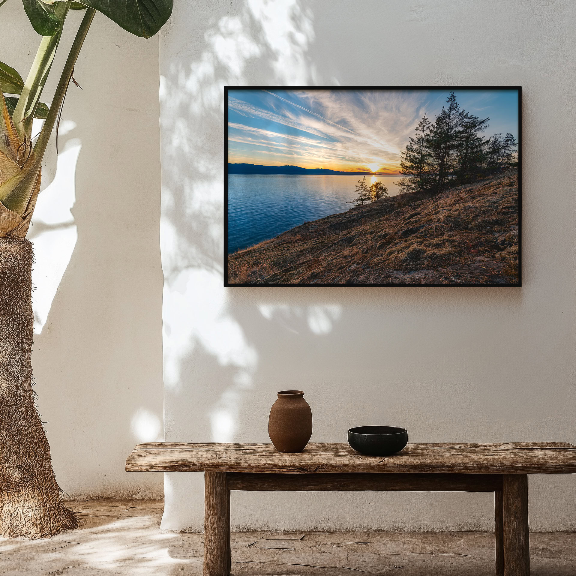Francis Point Sunset Over Texada Island print shown on the wall in an entryway.