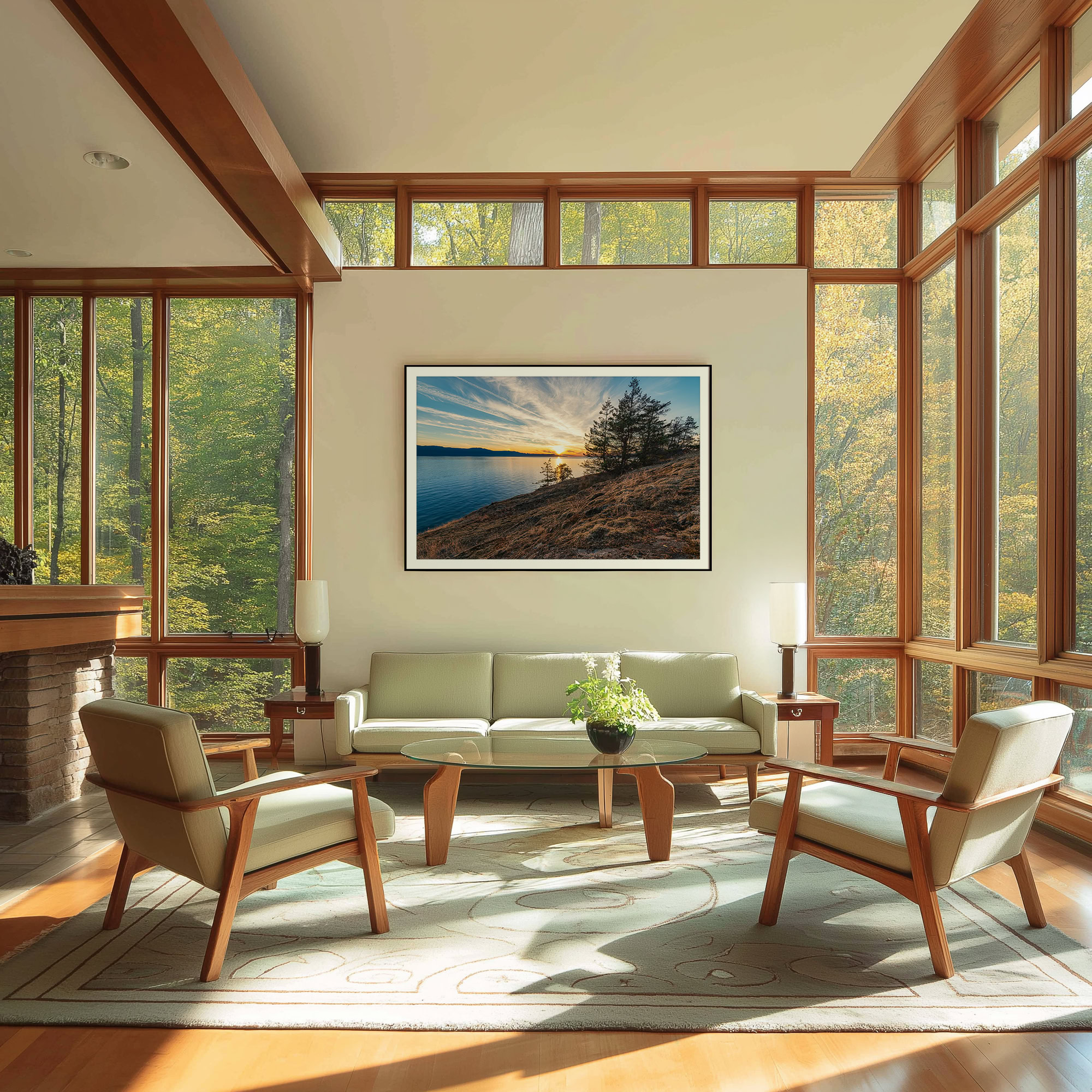 Francis Point Sunset Over Texada Island print shown on the wall in a living room.