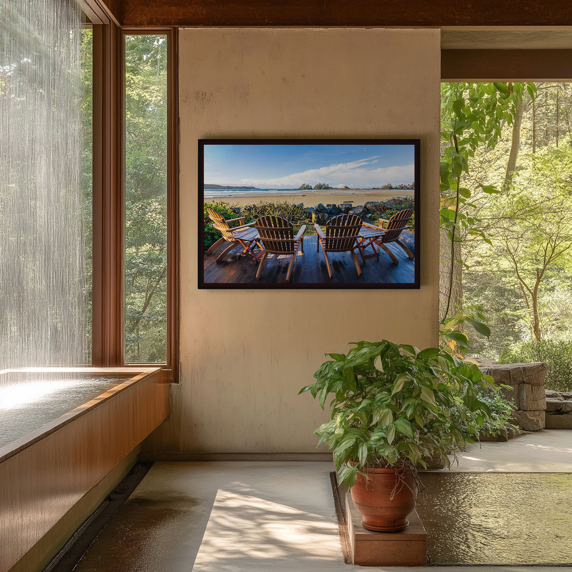 Front Row Seats at Chesterman Beach print shown on the wall in an entryway.