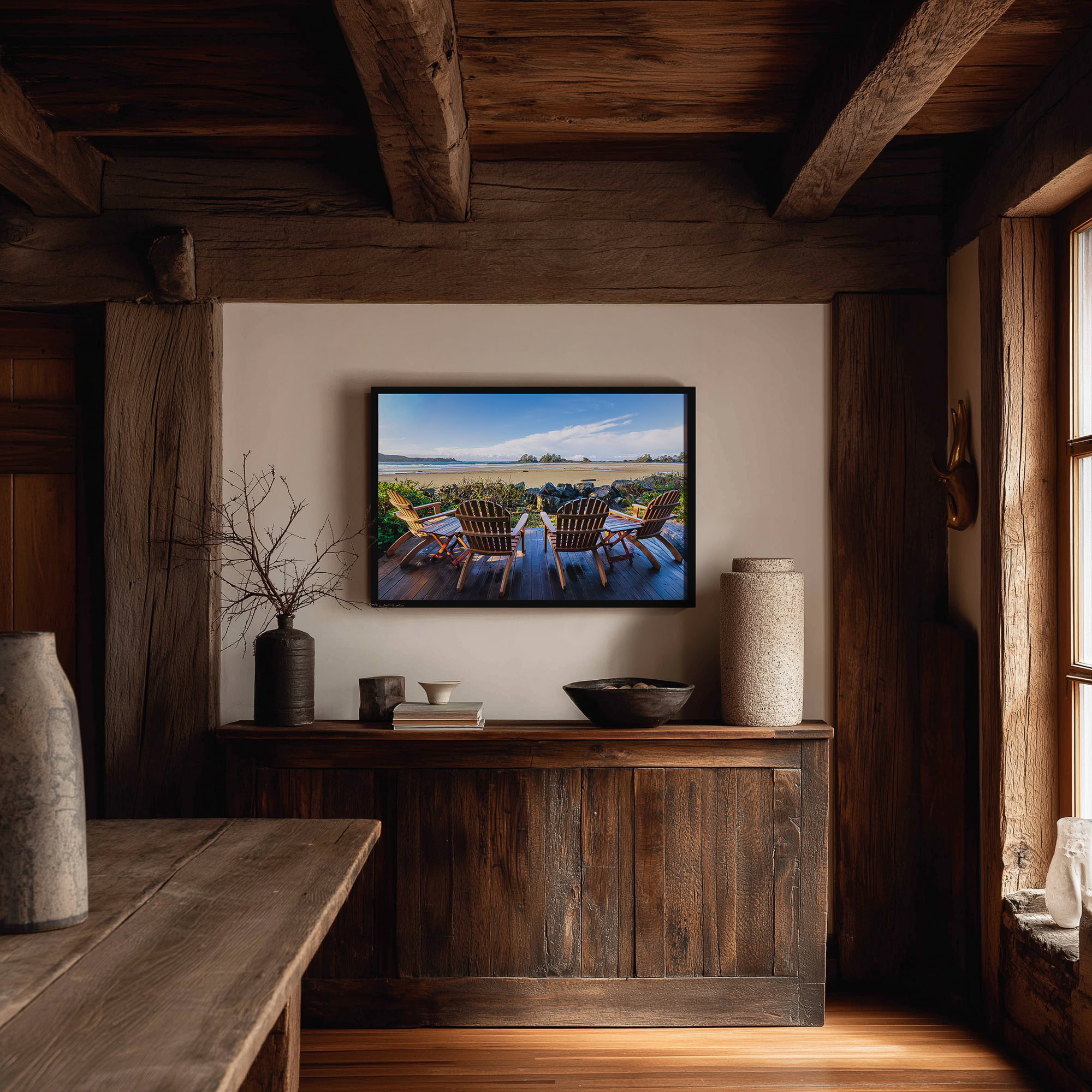 Front Row Seats at Chesterman Beach print shown on the wall in a styled room.