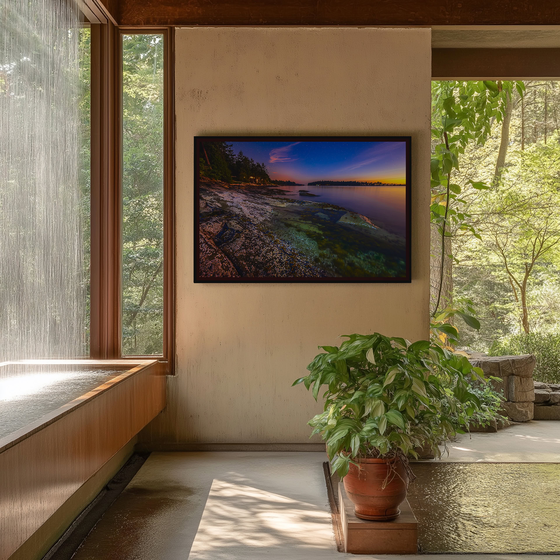 Galiano Island Mussel Rocks at Twilight print shown on the wall in an entryway.