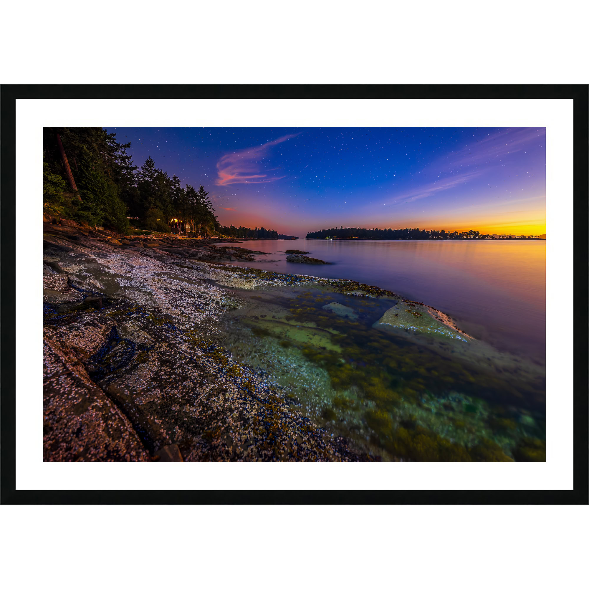Galiano Island Mussel Rocks at Twilight as a framed print.