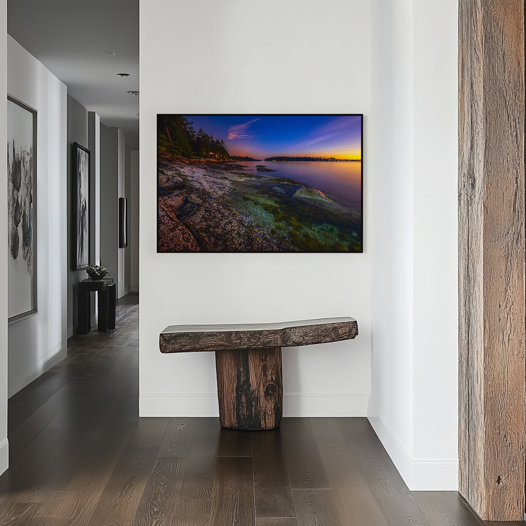 Galiano Island Mussel Rocks at Twilight print shown on the wall in a styled room.