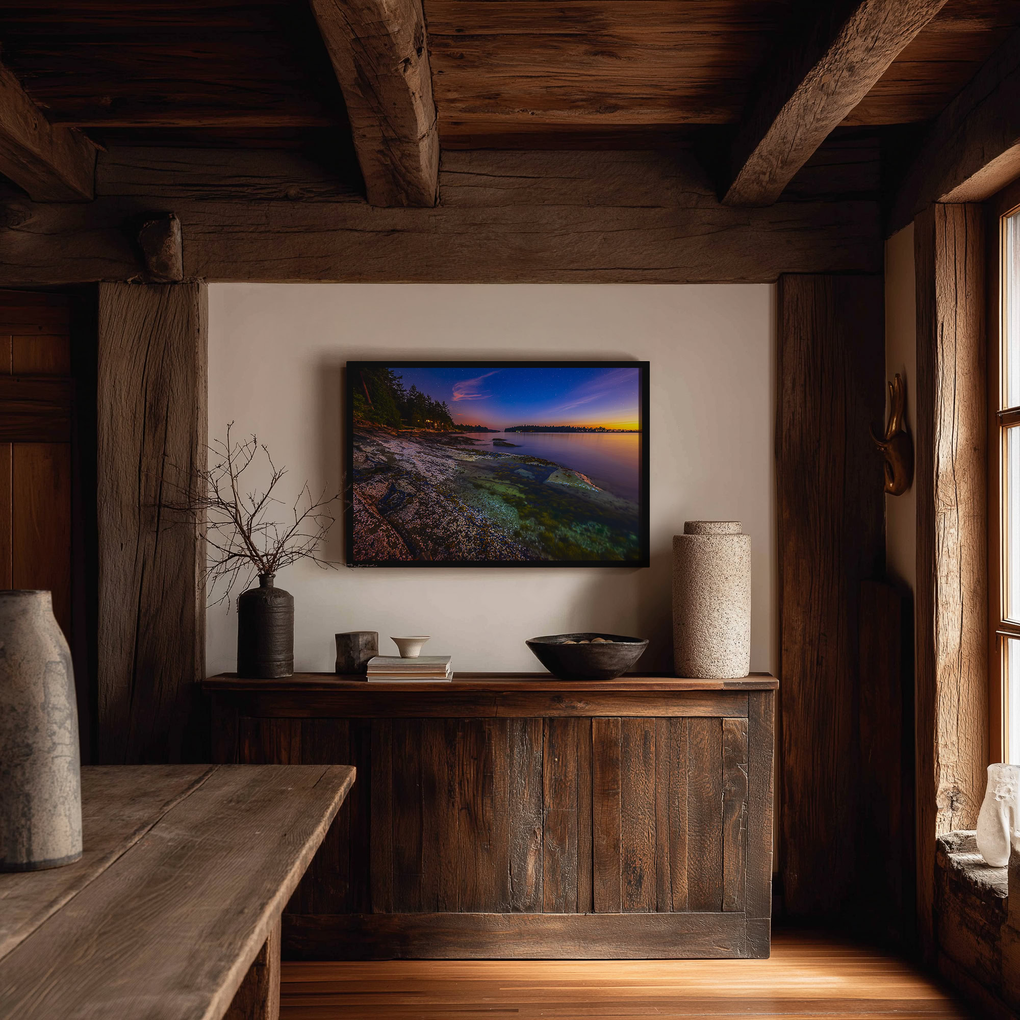 Galiano Island Mussel Rocks at Twilight print shown on the wall in a styled room.