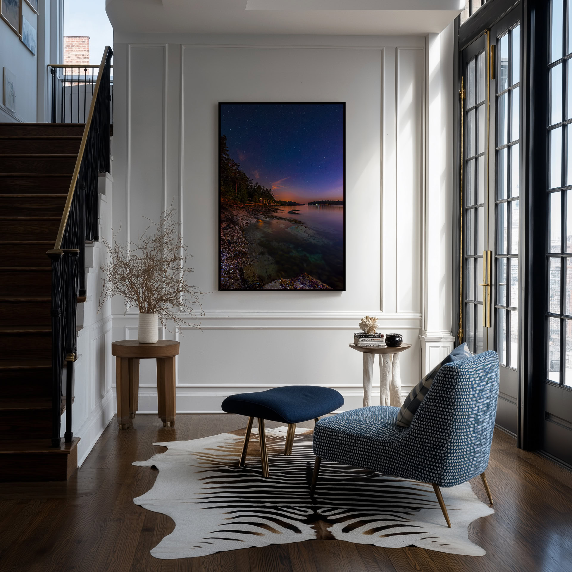 Galiano Island Shoreline Under the Stars print shown on the wall in an entryway.