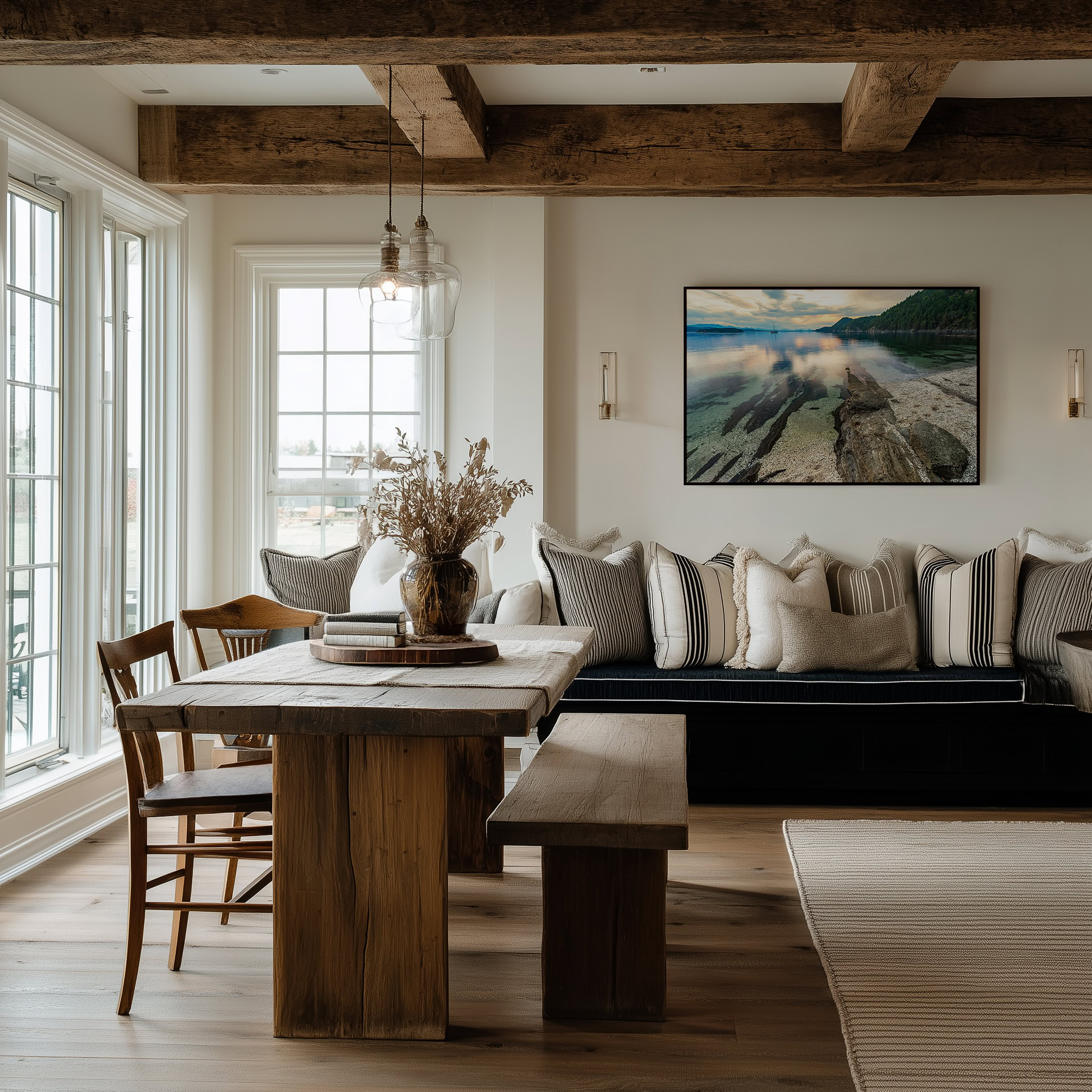 Galiano Island White Shell Beach print shown on the wall in a dining room.