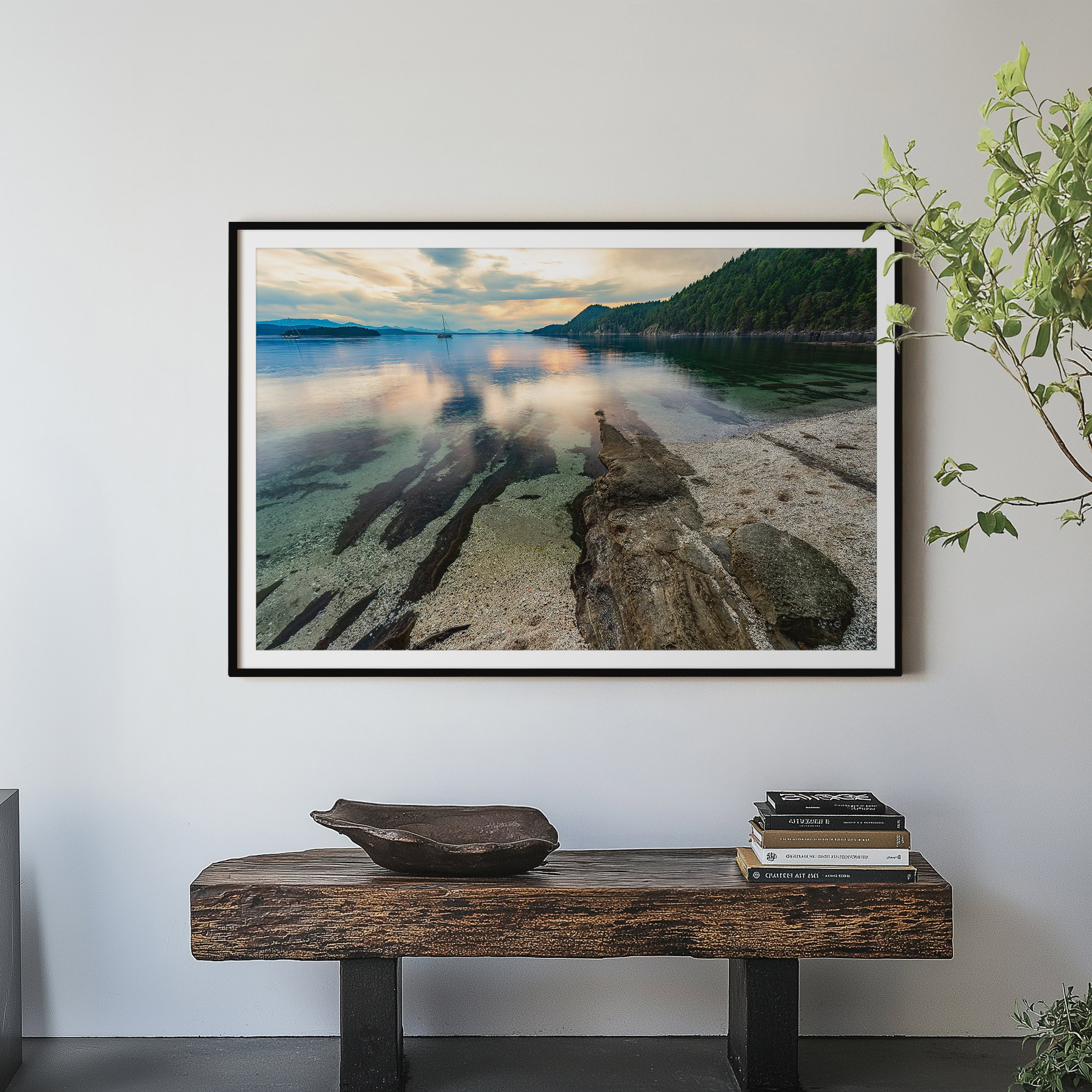 Galiano Island White Shell Beach print shown on the wall in an entryway.