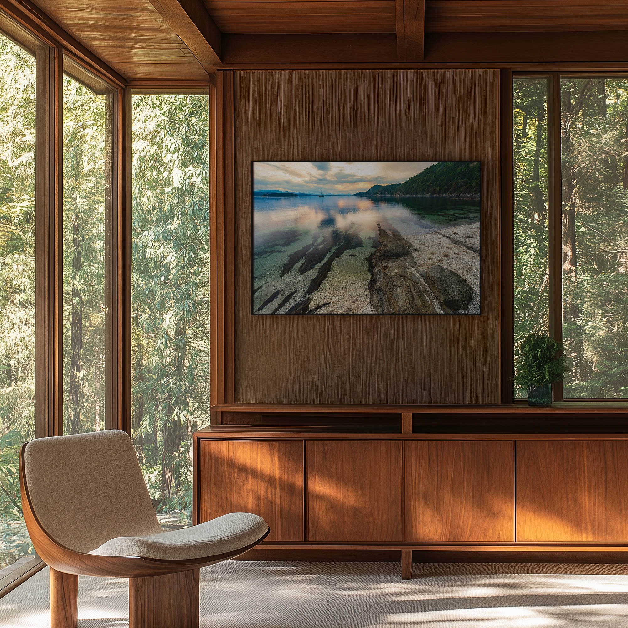 Galiano Island White Shell Beach print shown on the wall in a living room.