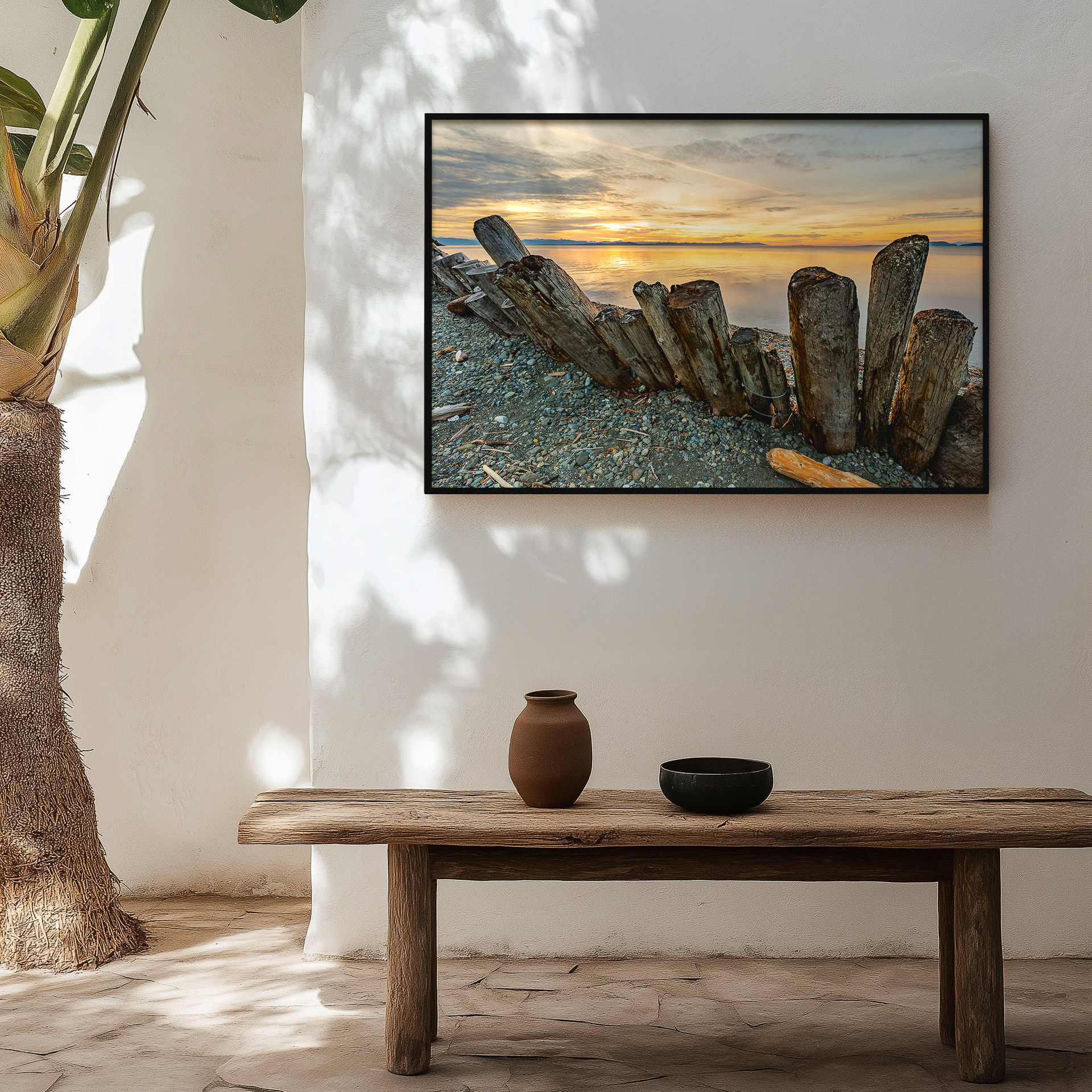 Goose Spit First Light Over the Strait print shown on the wall in a styled room.