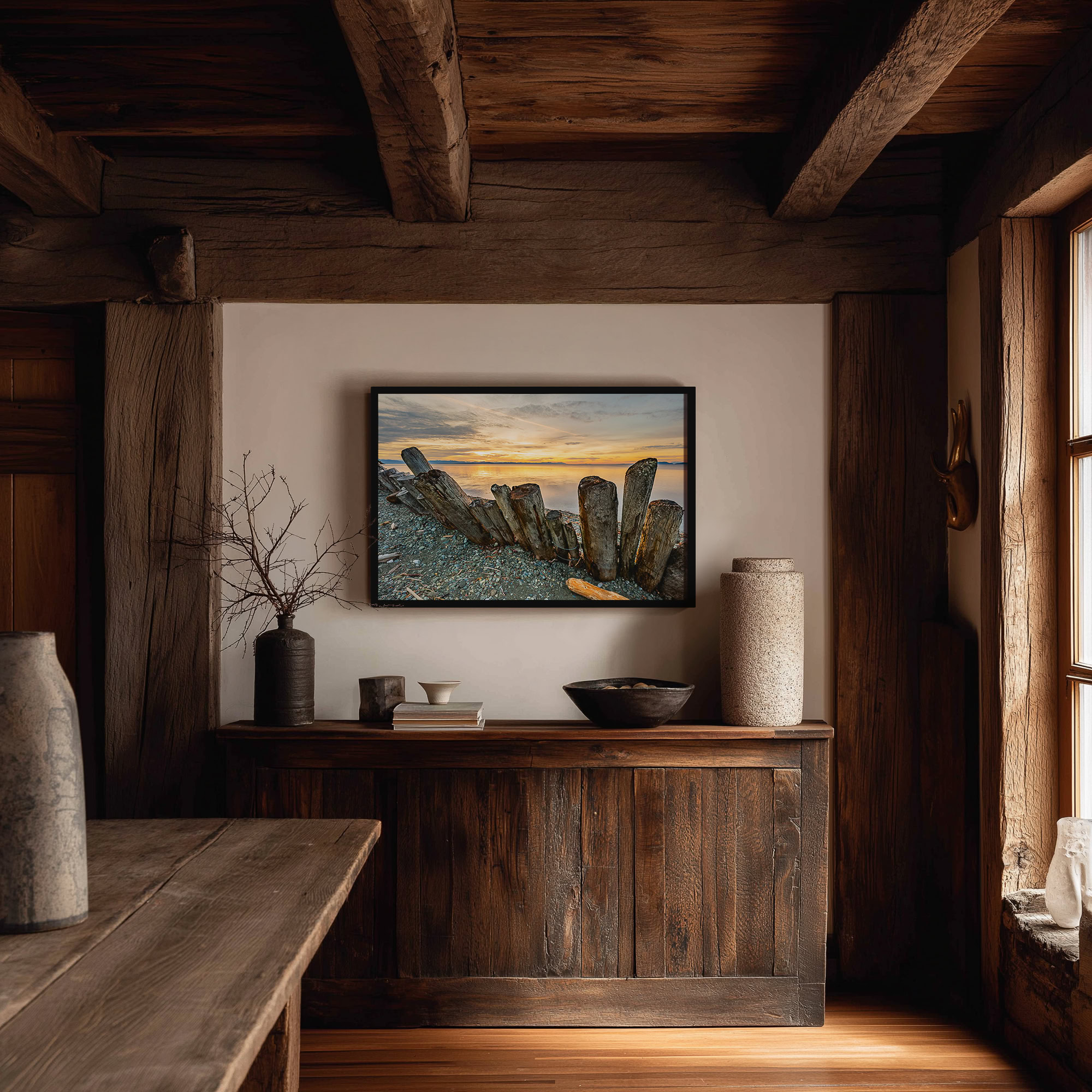 Goose Spit First Light Over the Strait print shown on the wall in a styled room.