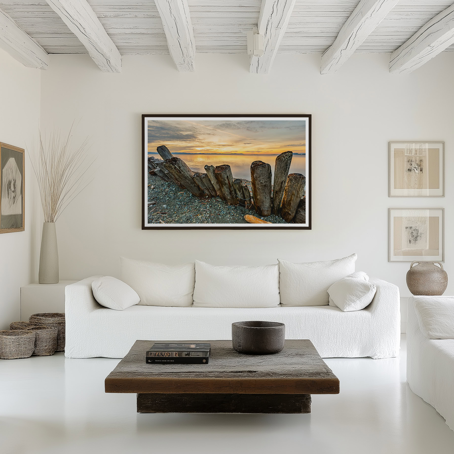Goose Spit First Light Over the Strait print shown on the wall in a living room.