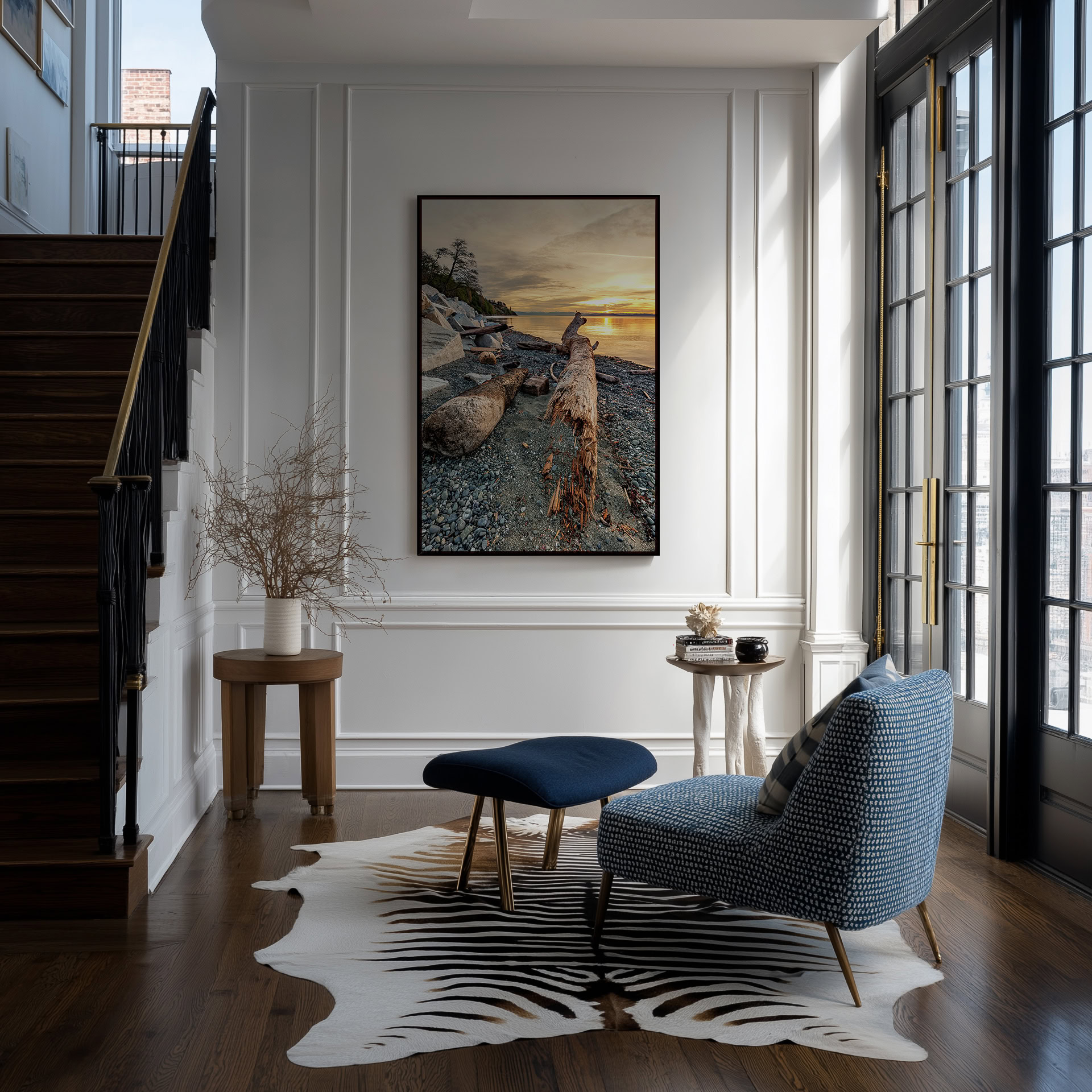 Goose Spit Weathered Logs at Dawn print shown on the wall in an entryway.