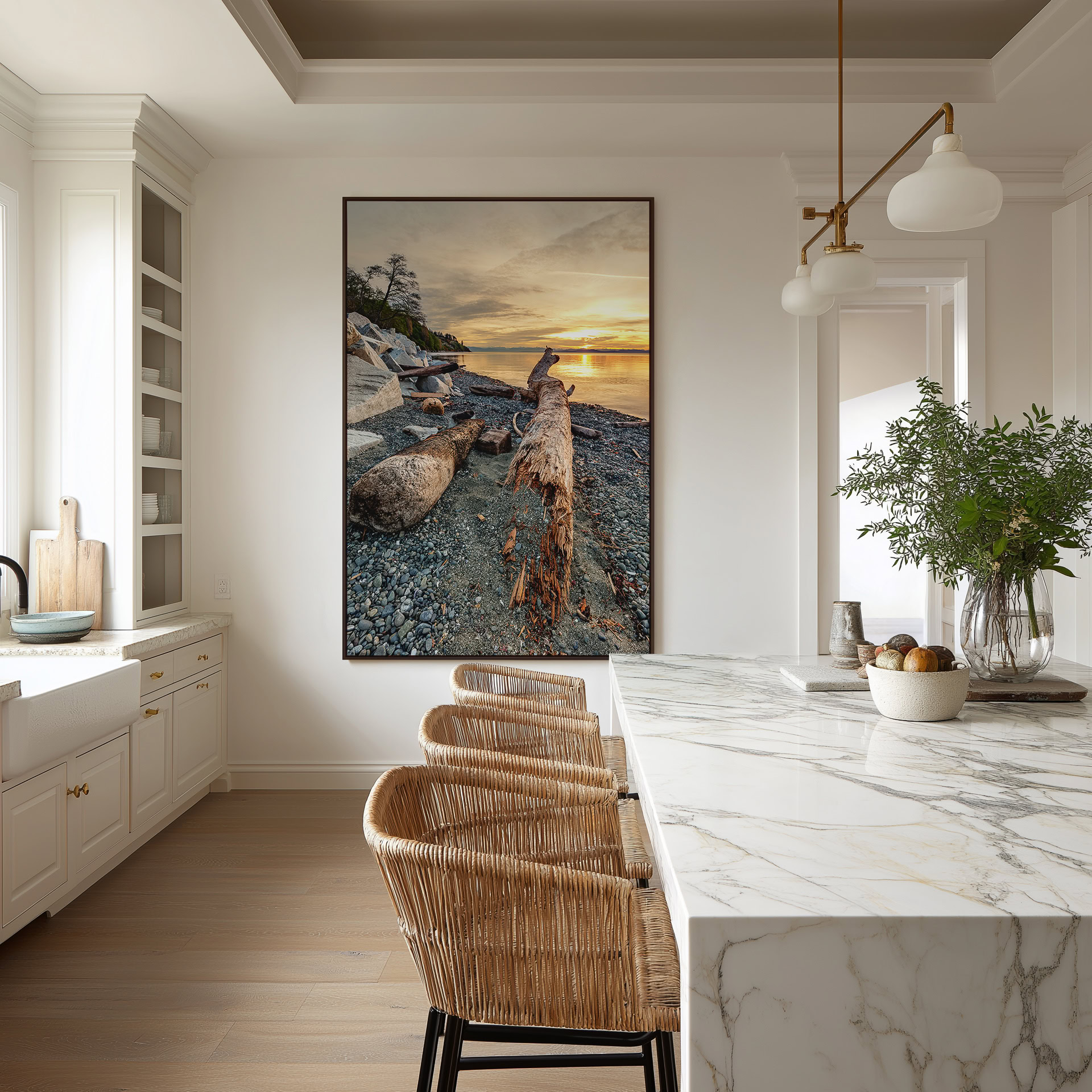 Goose Spit Weathered Logs at Dawn print shown on the wall in a styled room.