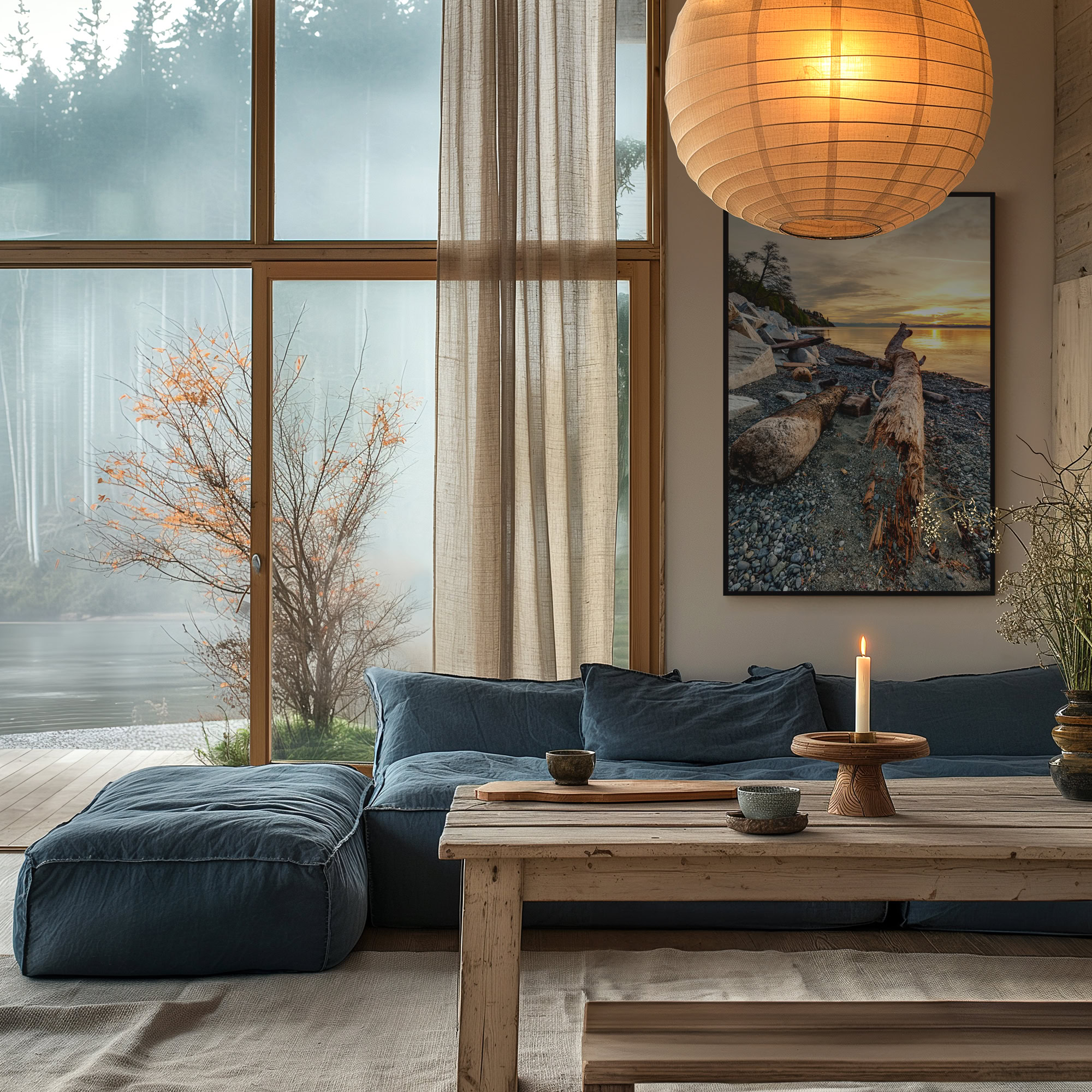 Goose Spit Weathered Logs at Dawn print shown on the wall in a living room.