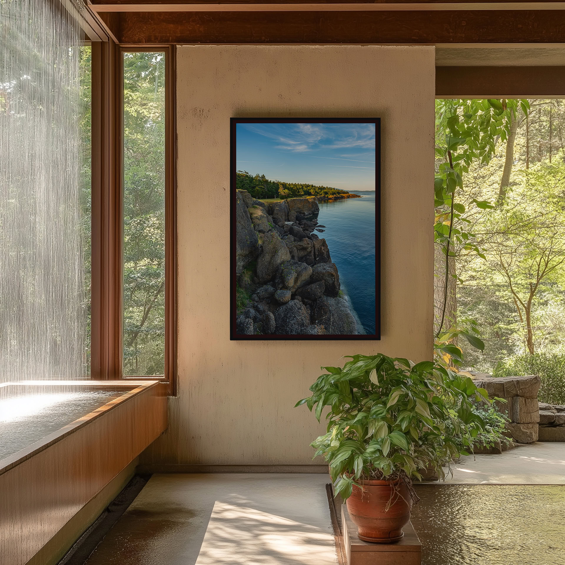 Helliwell Provincial Park Boulder Bluffs print shown on the wall in an entryway.