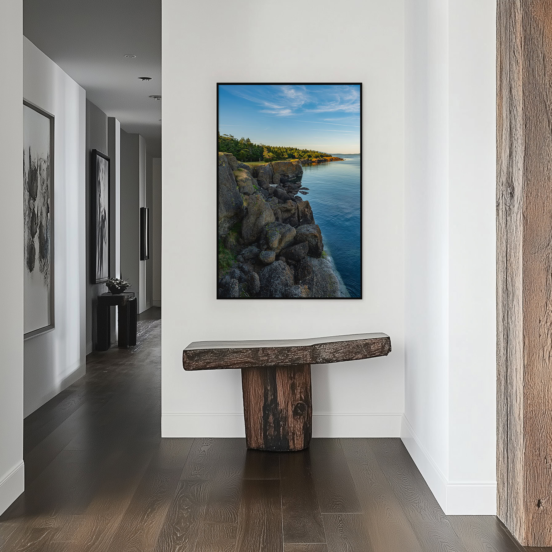 Helliwell Provincial Park Boulder Bluffs print shown on the wall in a styled room.