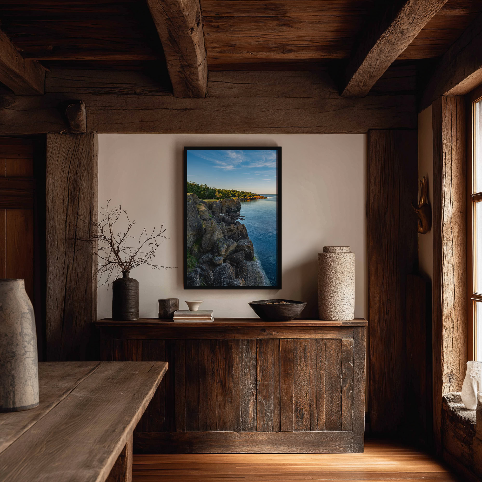 Helliwell Provincial Park Boulder Bluffs print shown on the wall in a styled room.