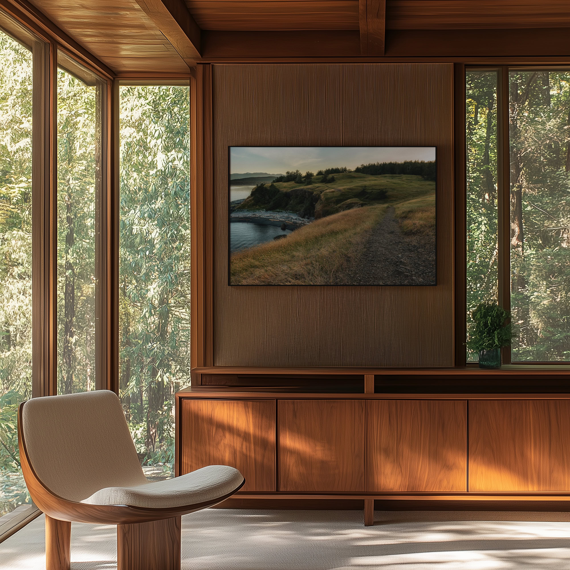 Helliwell Provincial Park print shown on the wall in a living room.
