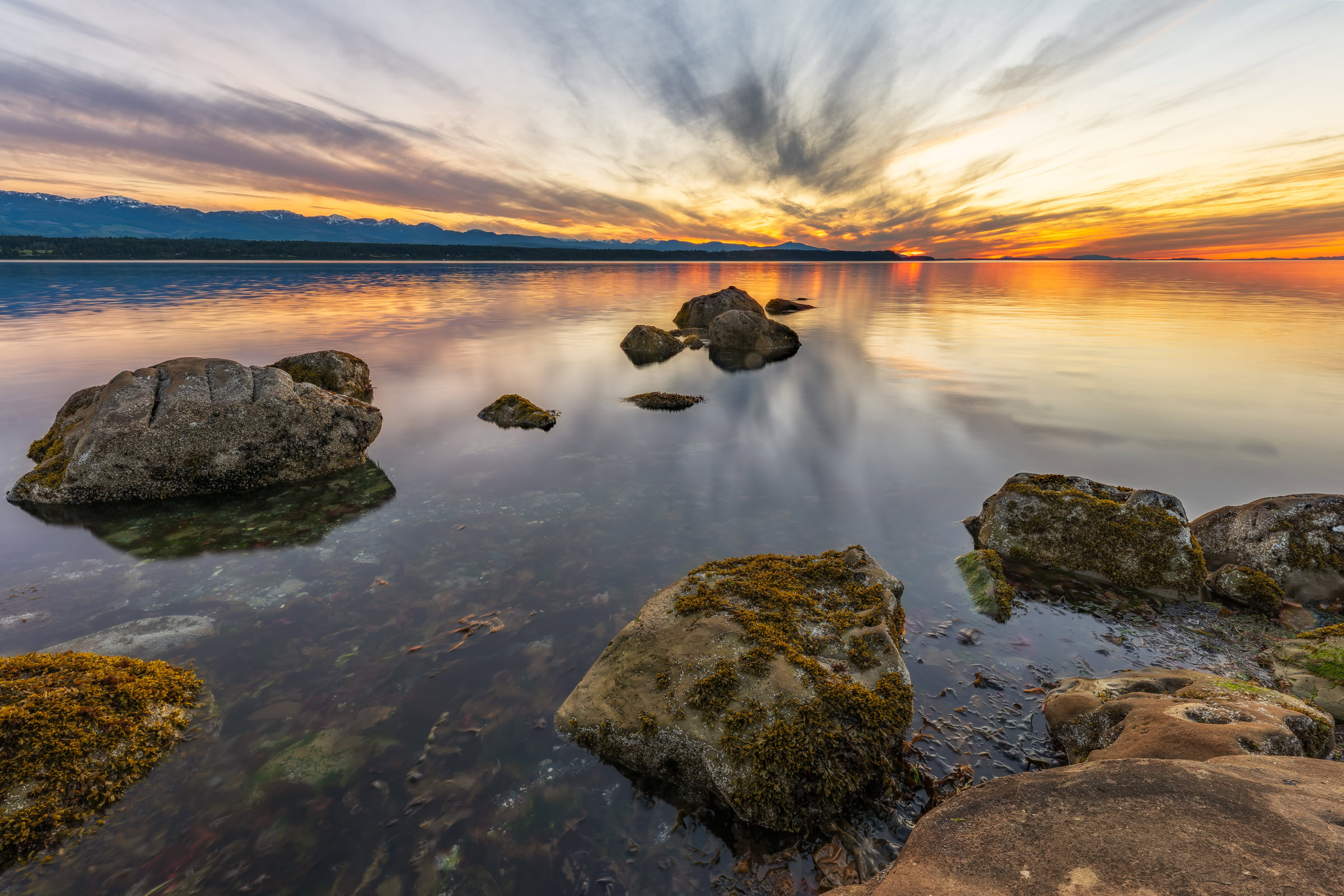 Hornby Island photo print showing sunset reflected in calm water around seaweed-covered boulders at Phipps Point, BC, by James Wheeler.